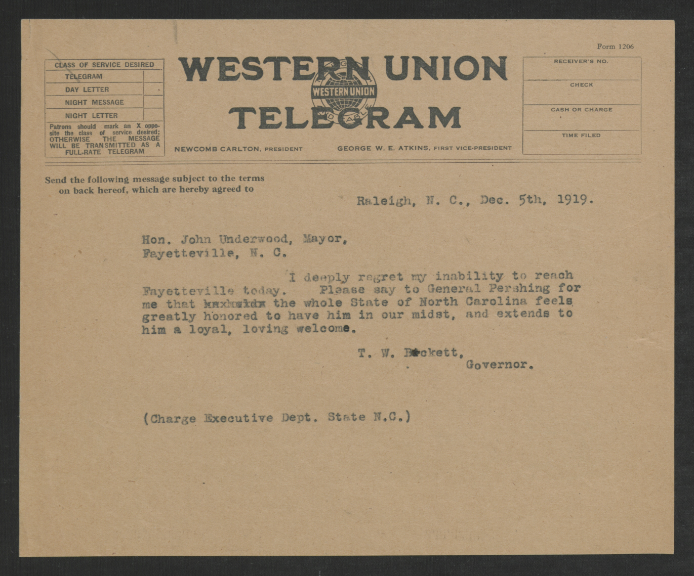 Telegram from Thomas W. Bickett to John Underwood, December 5, 1919