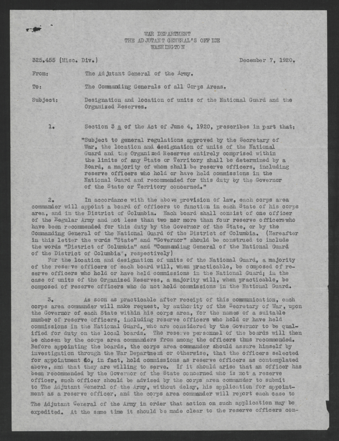 Letter from T. Hughes to the Commanding Generals of All Corps Areas, December 7, 1920, page 1