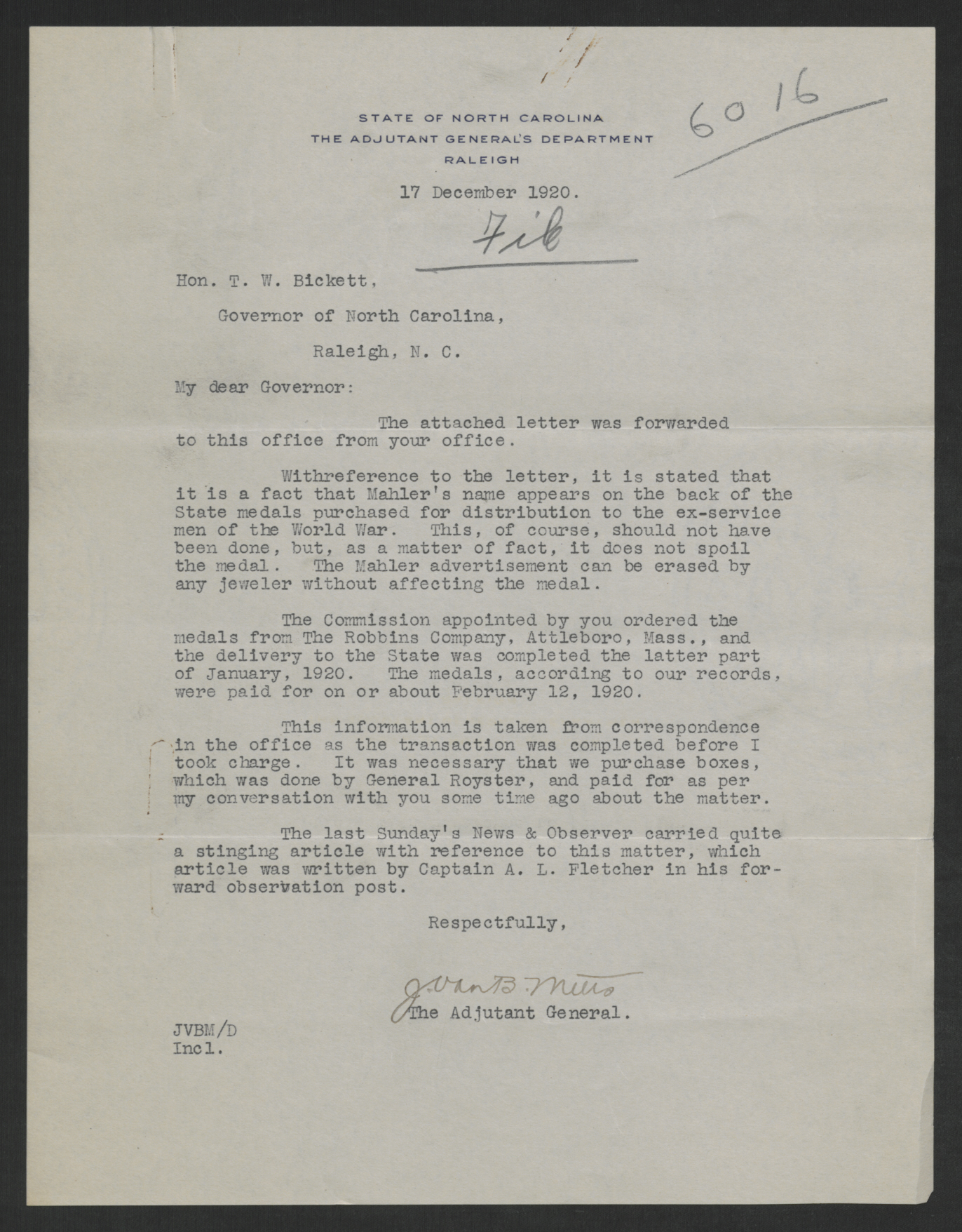 Letter from John V. B. Metts to Thomas W. Bickett, December 17, 1920