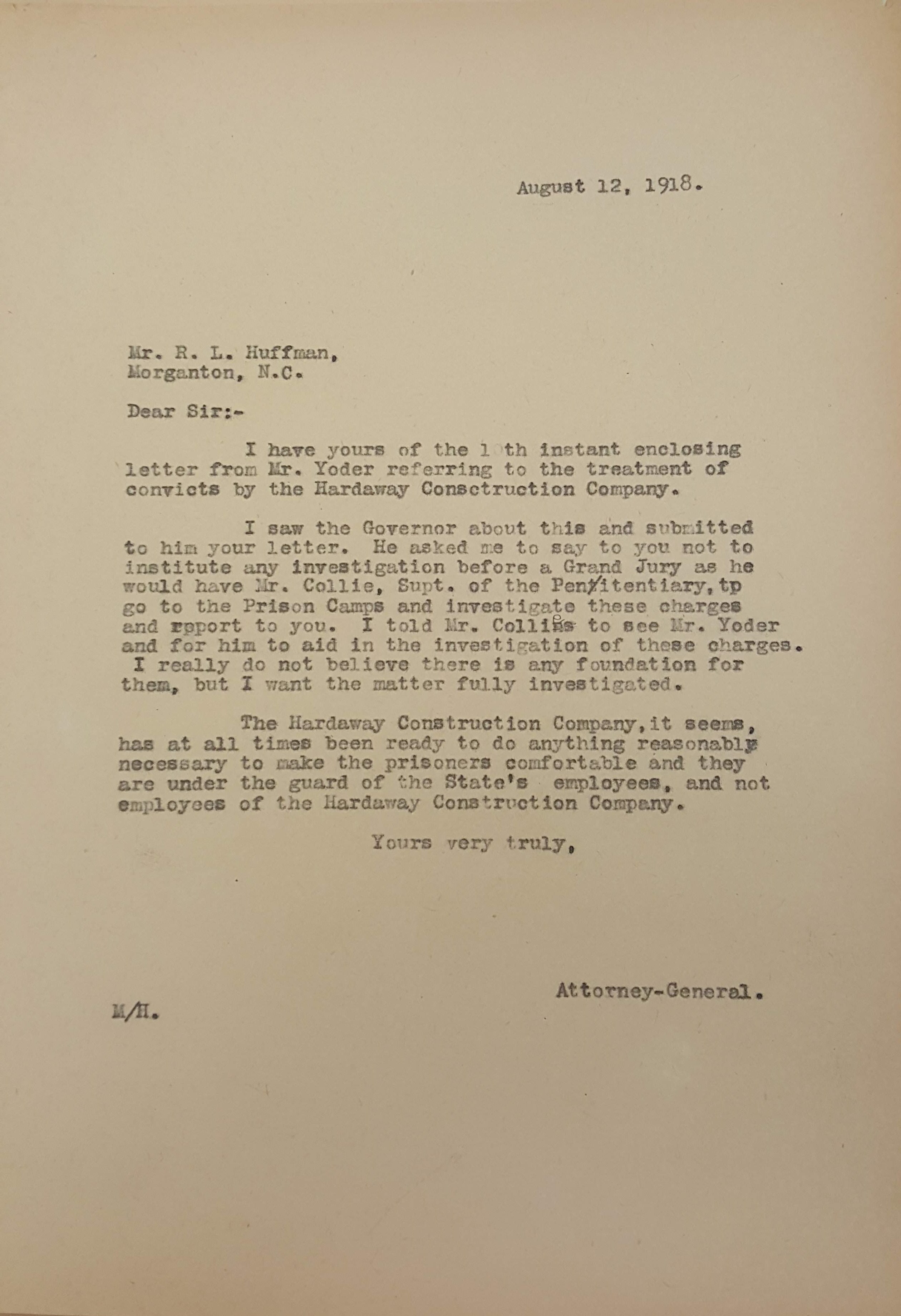 Manning to Huffman, August 12, 1918