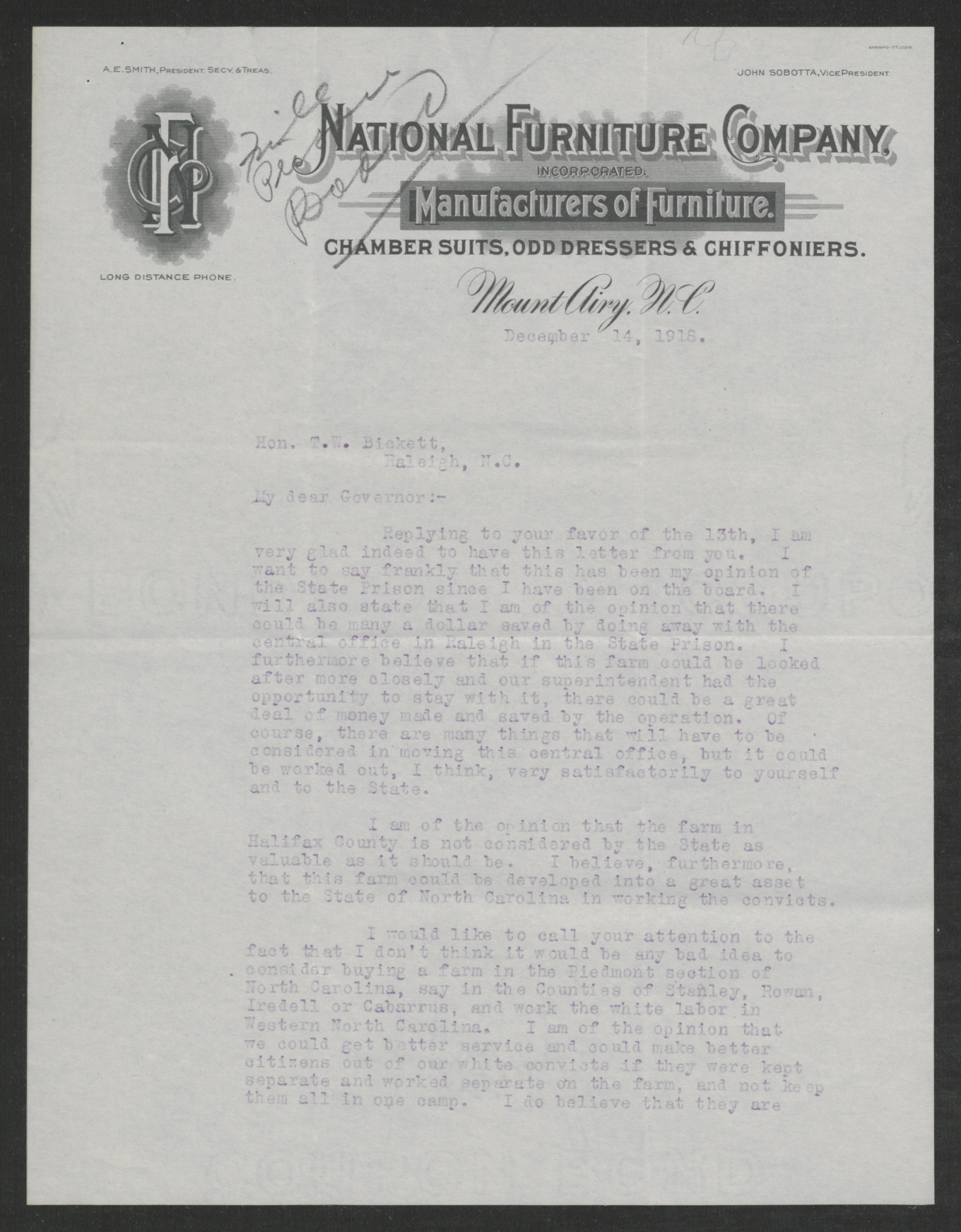 Smith to Bickett, December 14, 1918, page 1