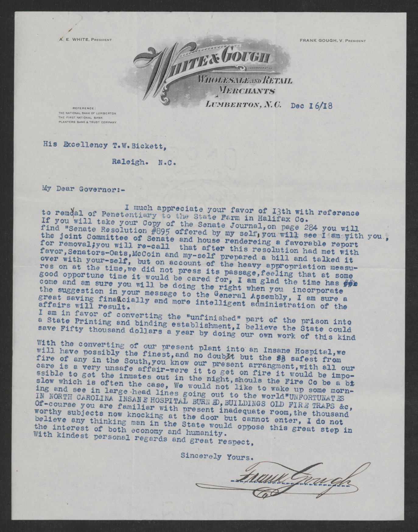 Gough to Bickett, December 16, 1918