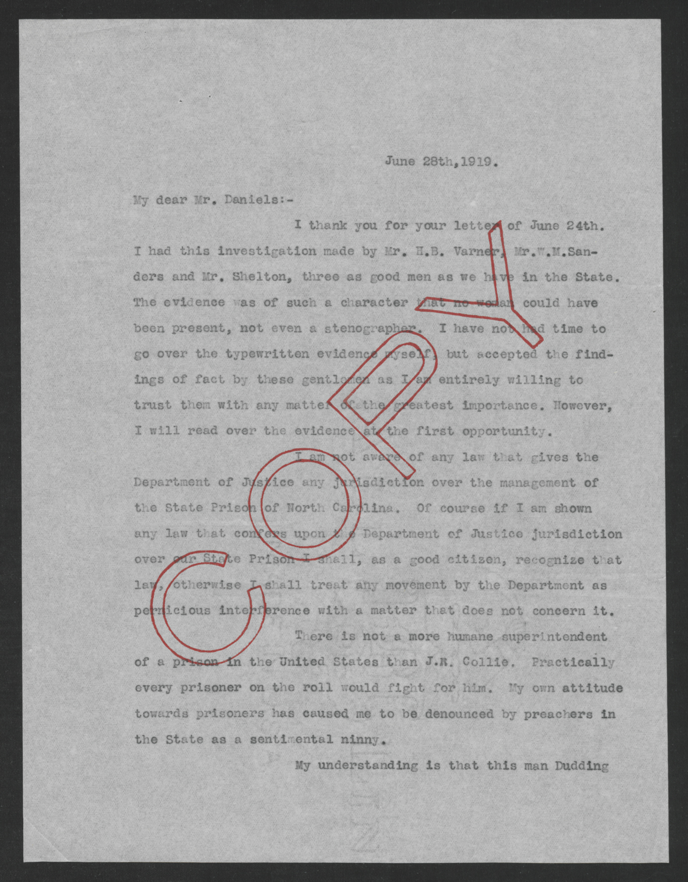 Bickett to Daniels, June 28, 1919, page 1