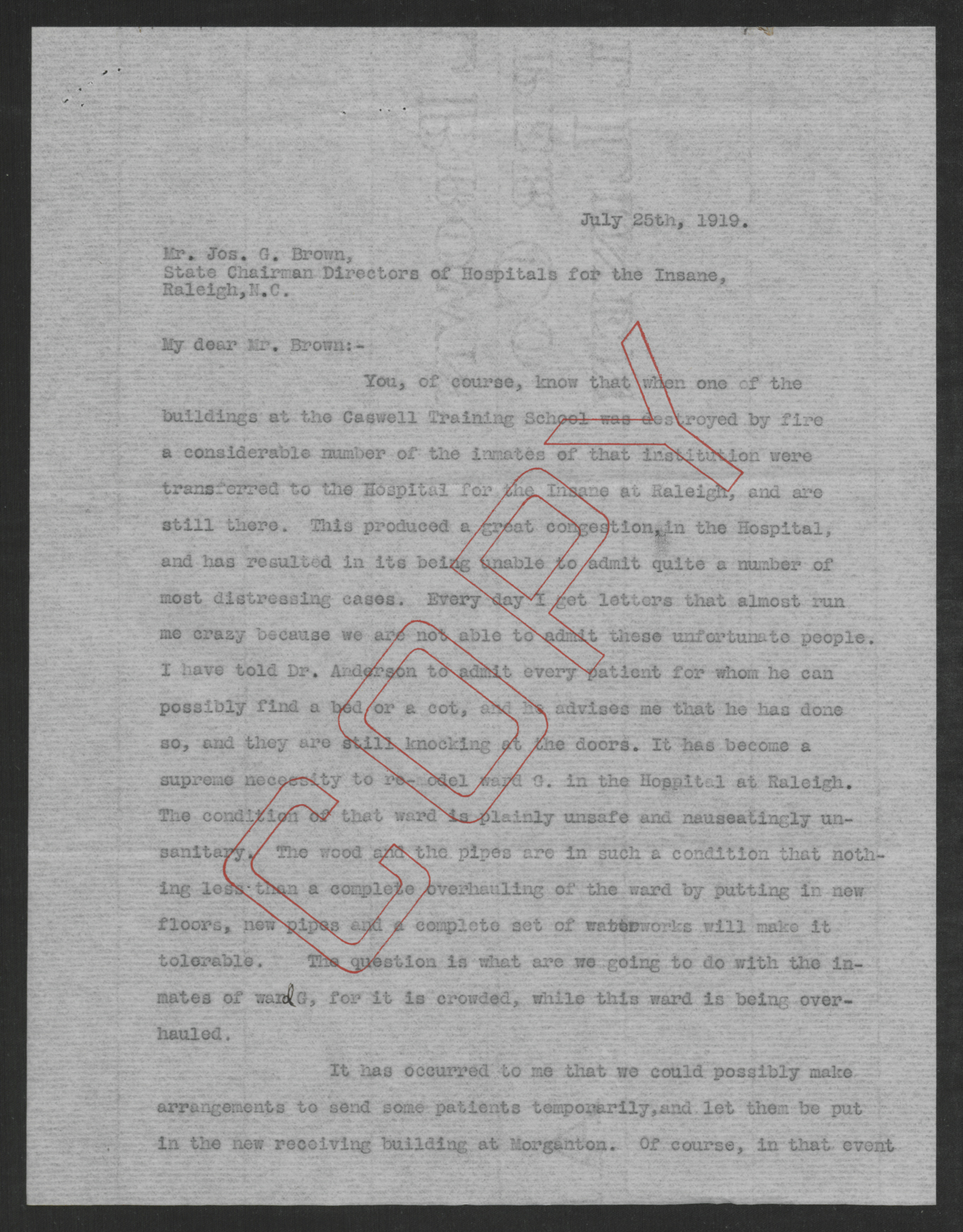 Bickett to Brown, July 25, 1919, page 1
