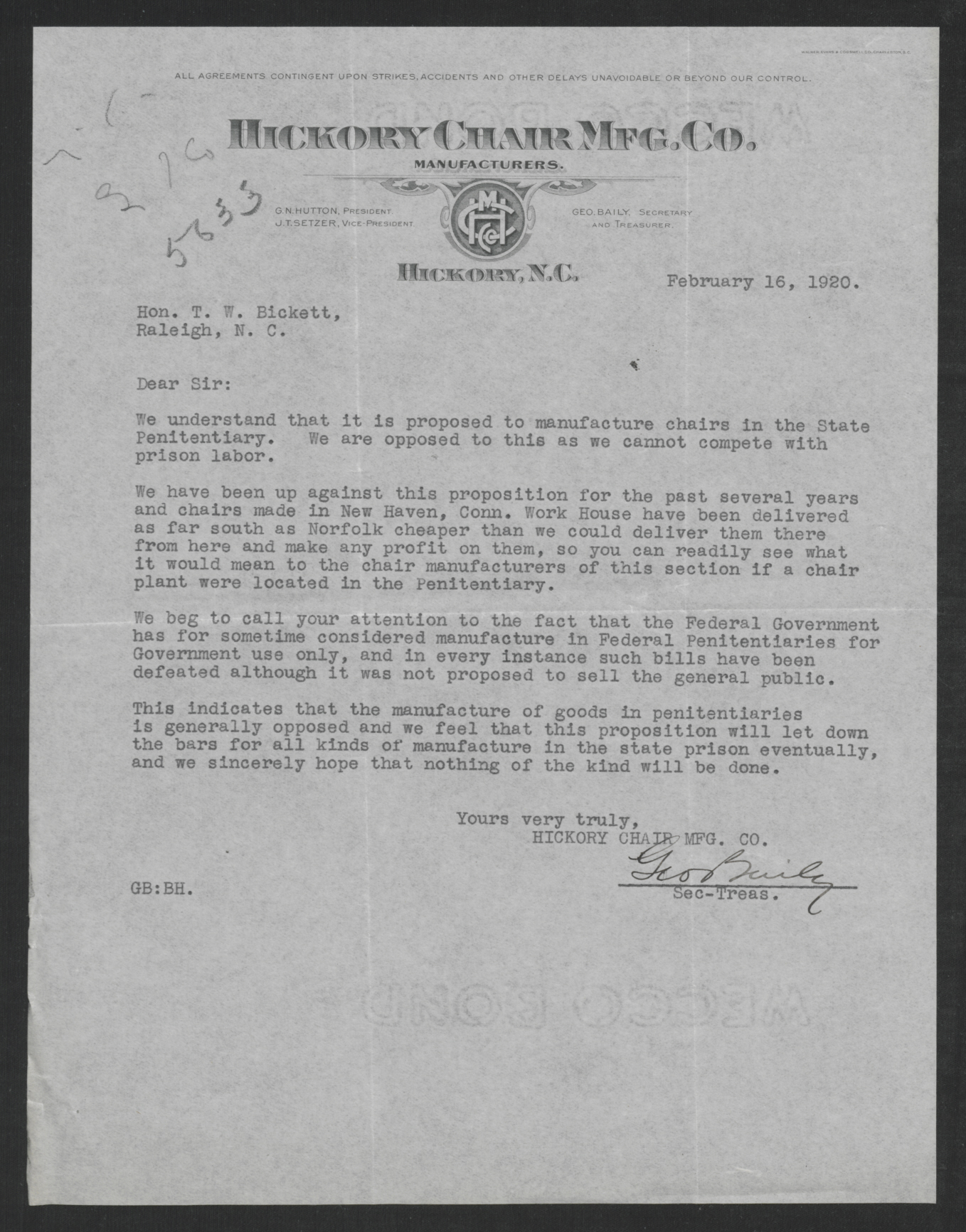 Baily to Bickett, February 16, 1920
