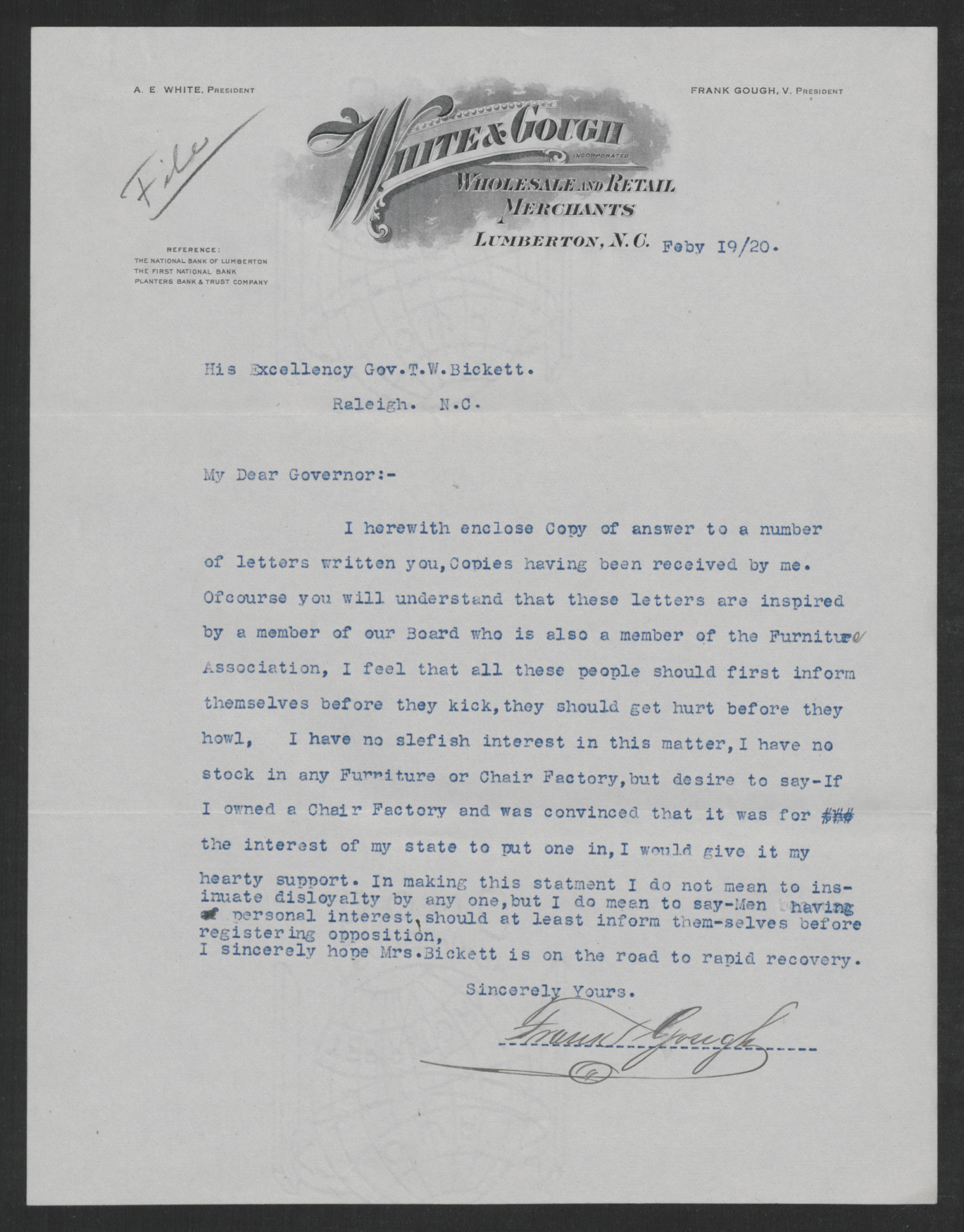 Gough to Bickett, February 19, 1920