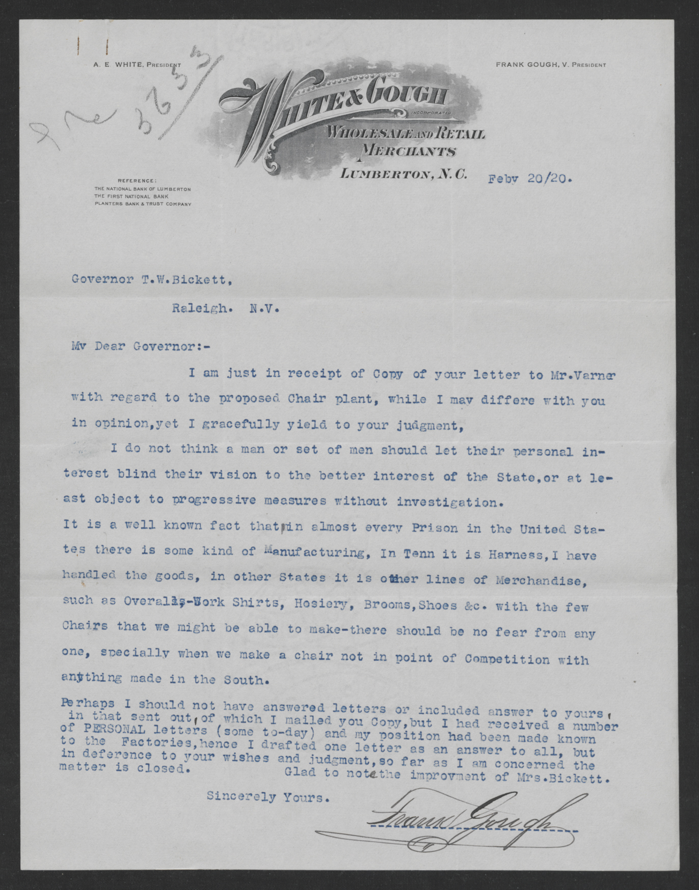 Gough to Bickett, February 20, 1920