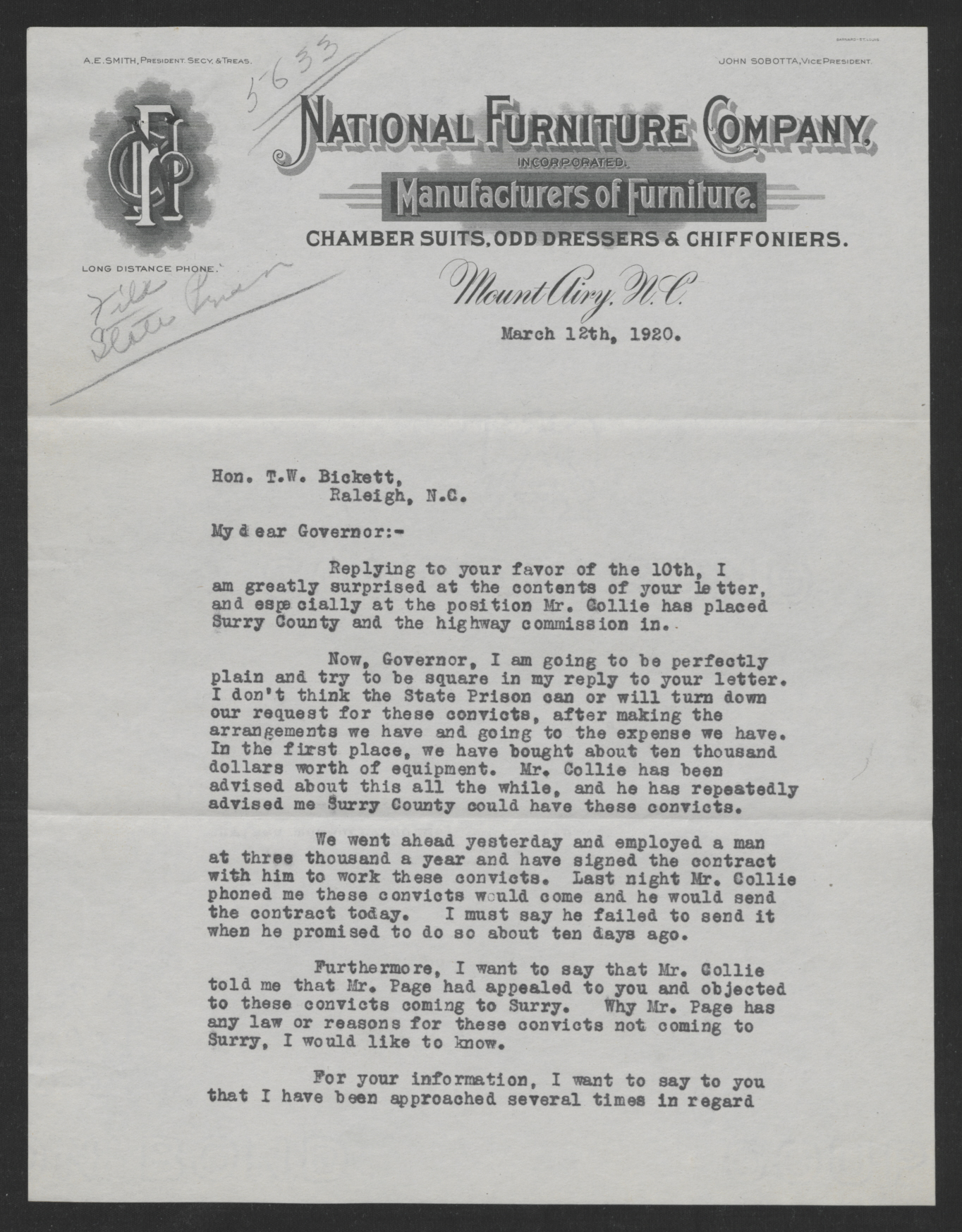 Smith to Bickett, March 12, 1920, page 1
