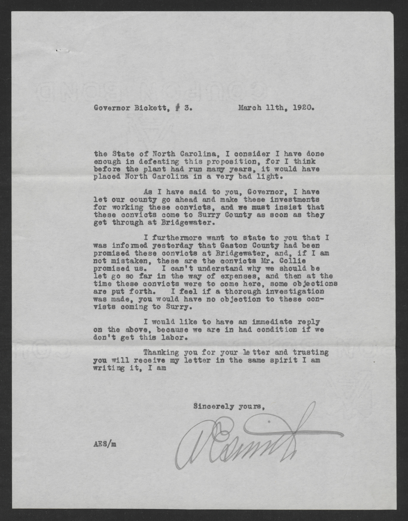 Smith to Bickett, March 12, 1920, page 3