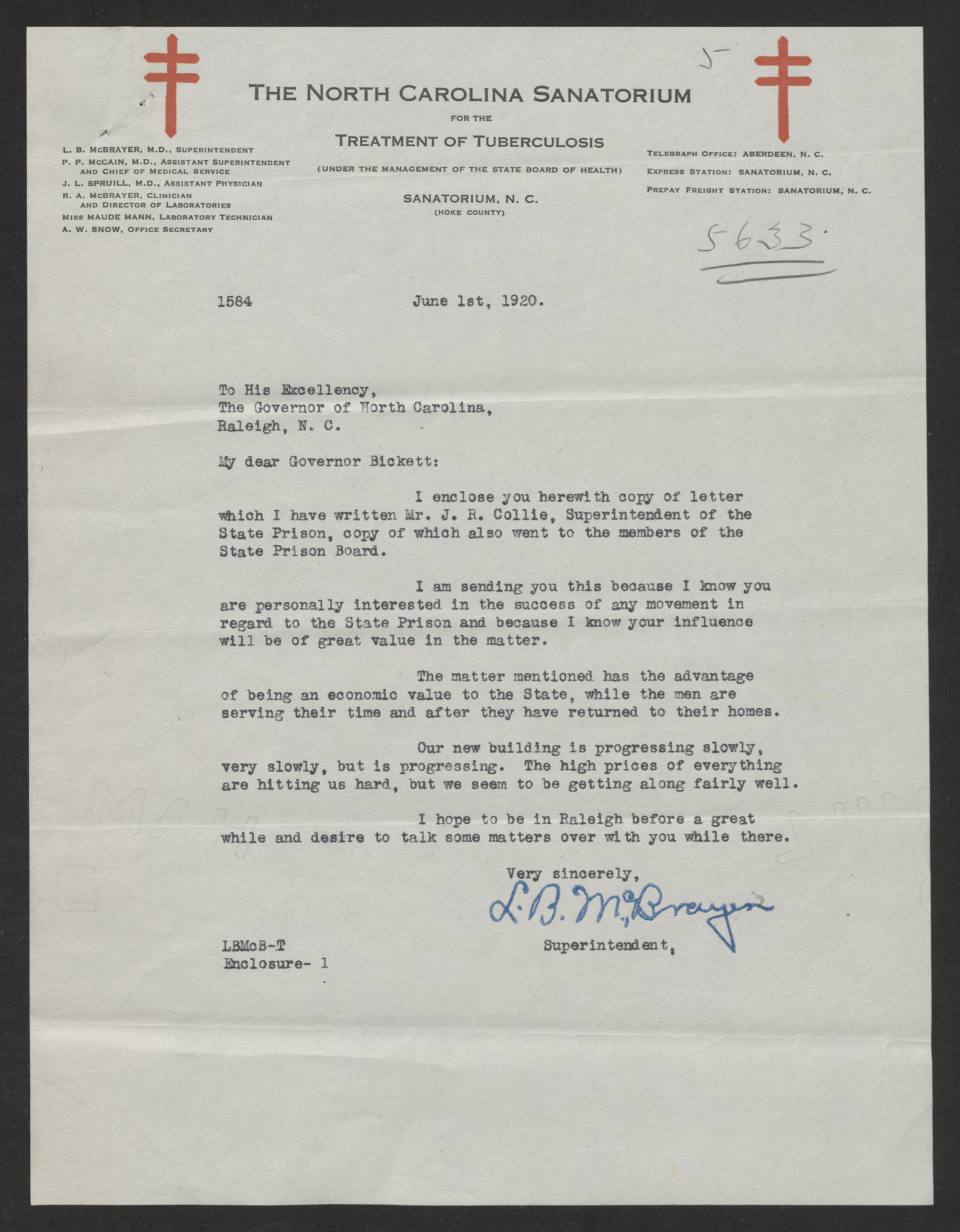 McBrayer to Bickett, June 1, 1920