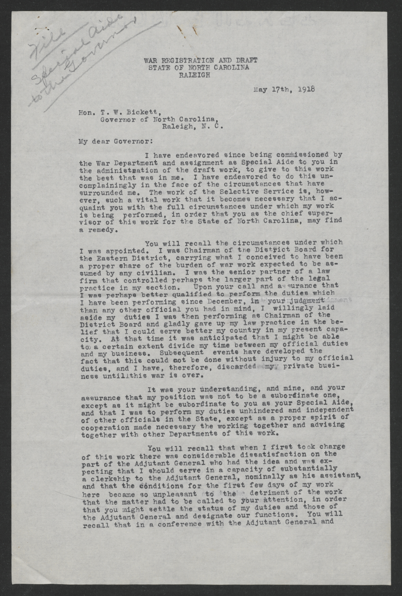 Langston to Bickett, May 17, 1918, page 1