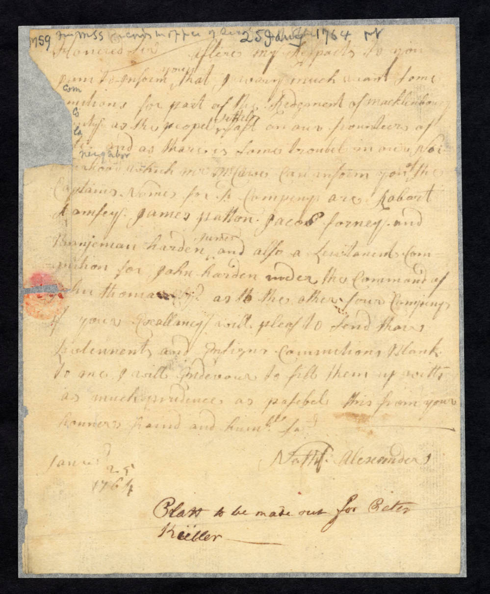 Letter from Nathaniel Alexander to Arthur Dobbs, 25 January 1764