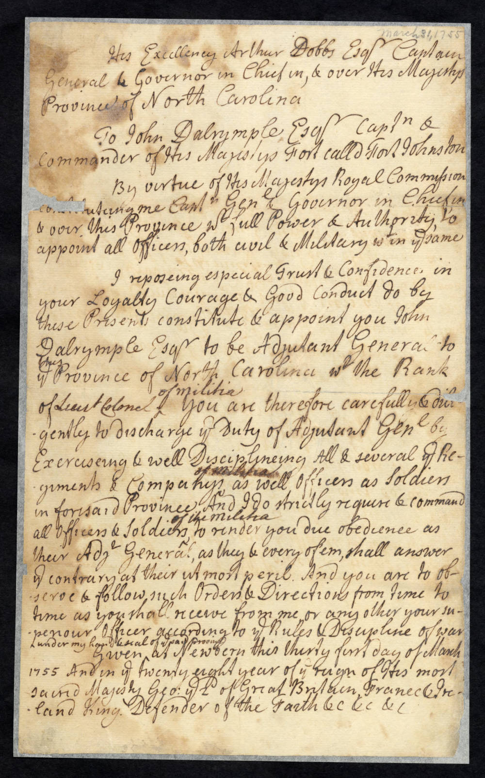 Letter from Arthur Dobbs to John Dalrymple, 31 March 1755