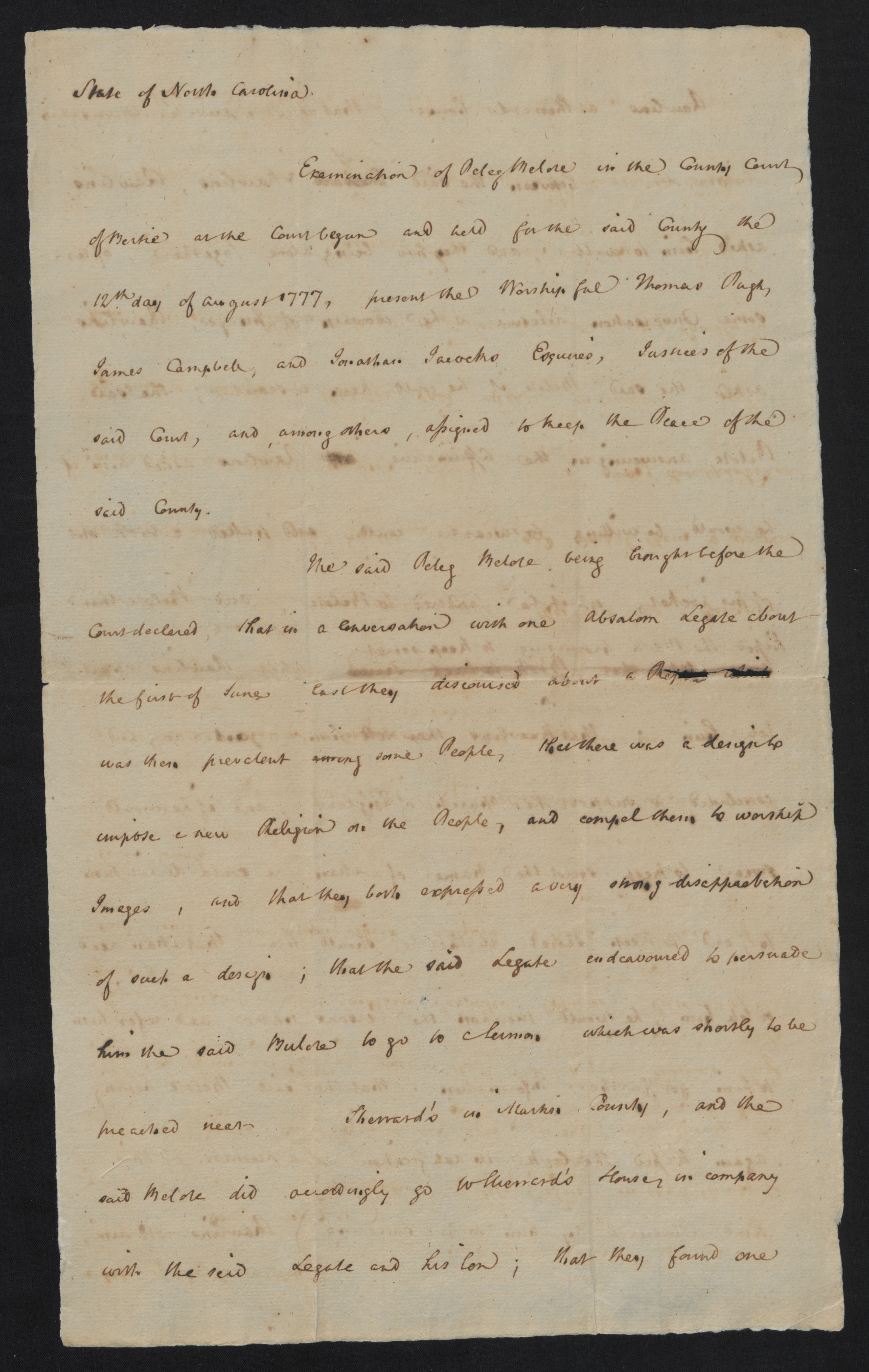 Examination of Peleg Belot, 12 August 1777, page 1