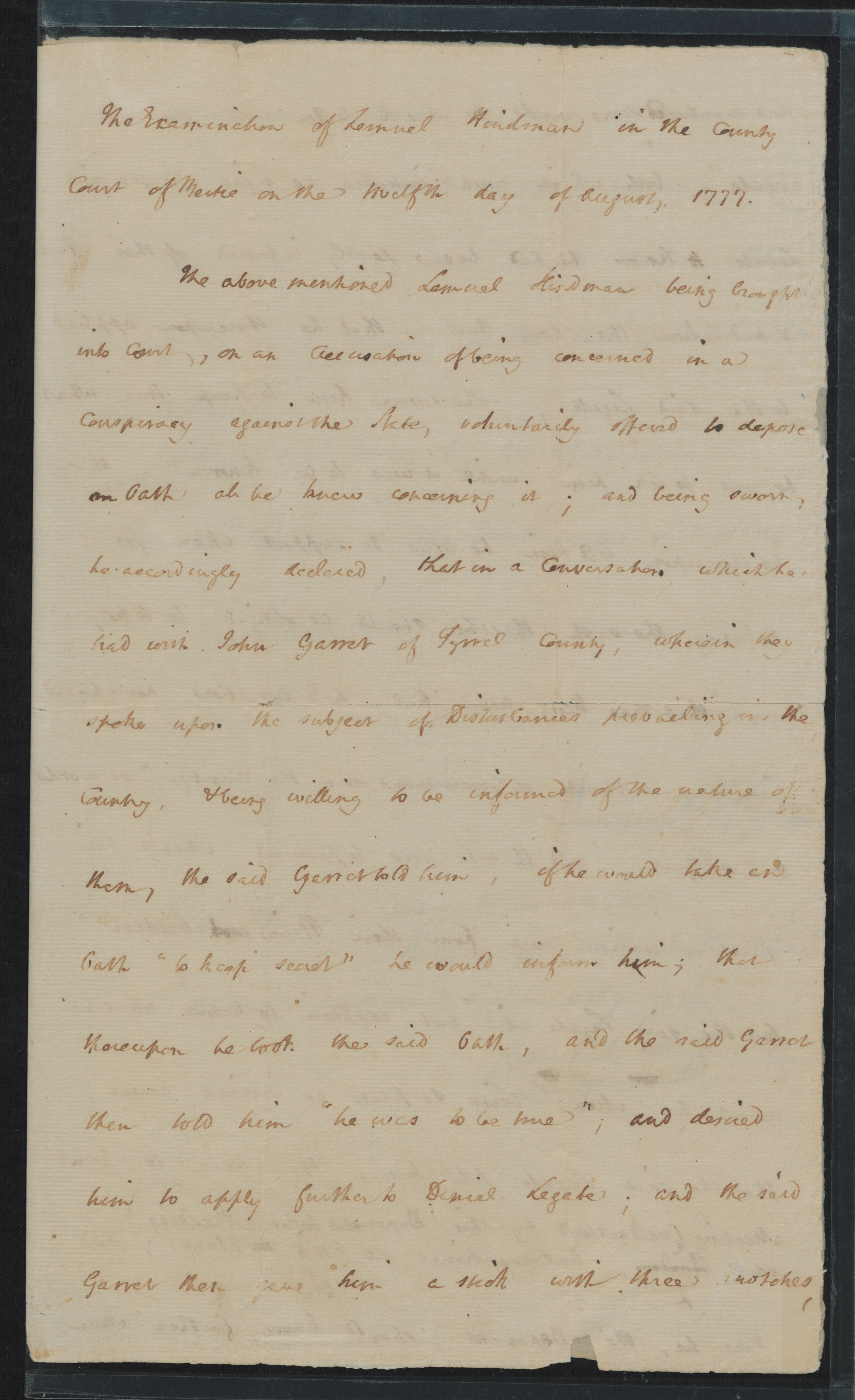 Examination of Lemuel Hindman, 12 August 1777, page 1