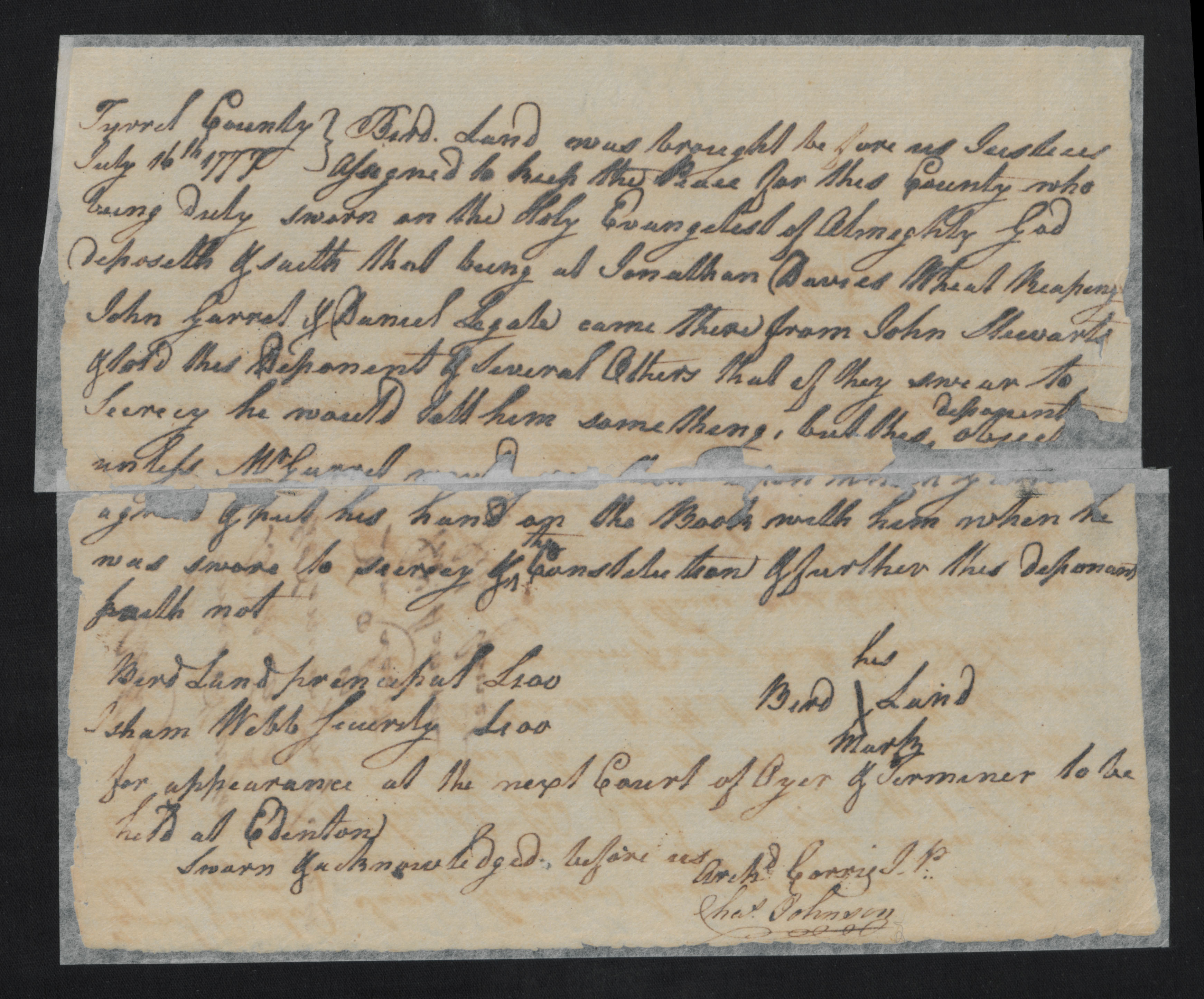 Deposition of Bird Land, 16 July 1777