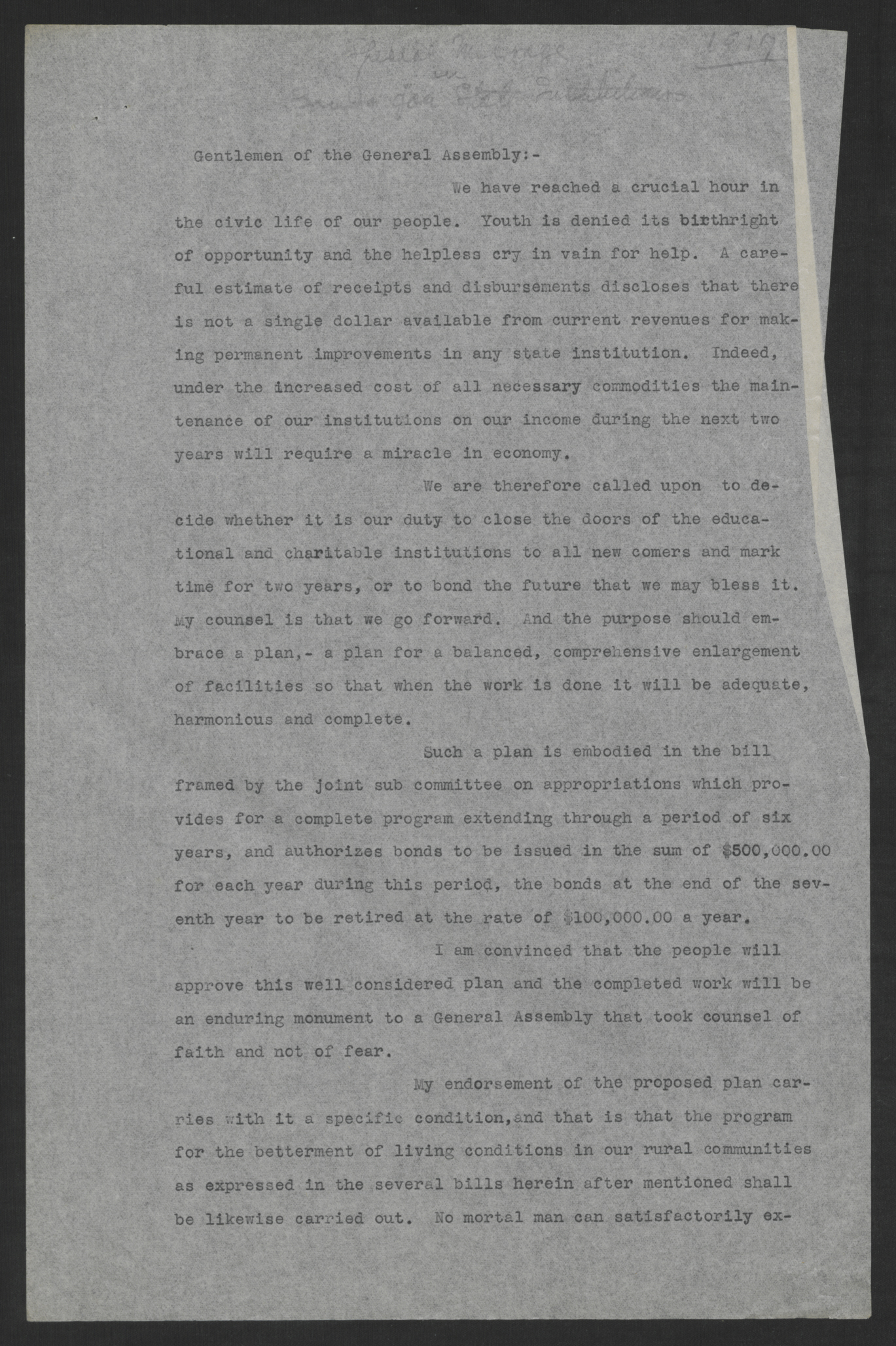 Governor Thomas W. Bickett's Message to the General Assembly, March 1, 1917, page 1