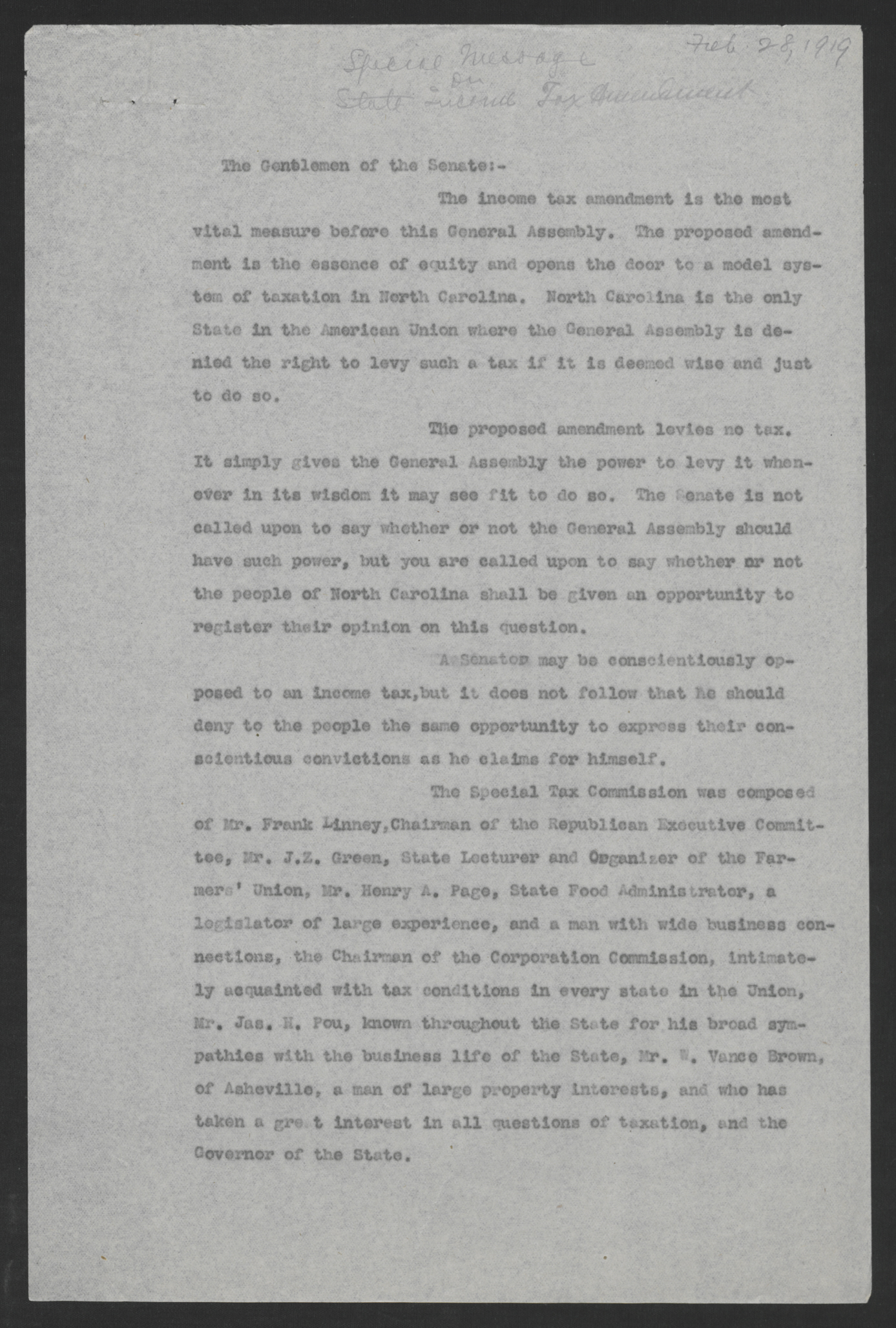 Special Message of Governor Thomas W. Bickett to the State Senate, February 28, 1919, page 1