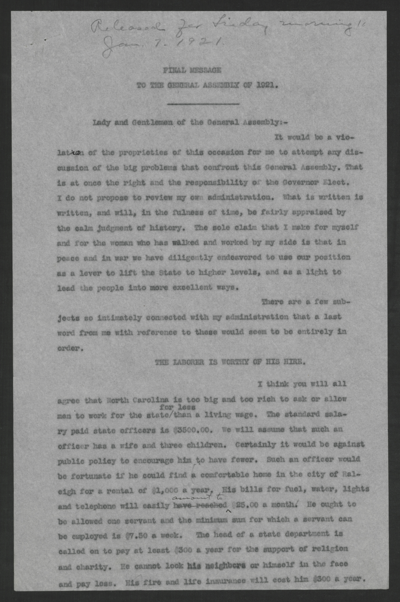 Final Message of Gov. Thomas W. Bickett to the General Assembly of 1921, January 7, 1921, page 1