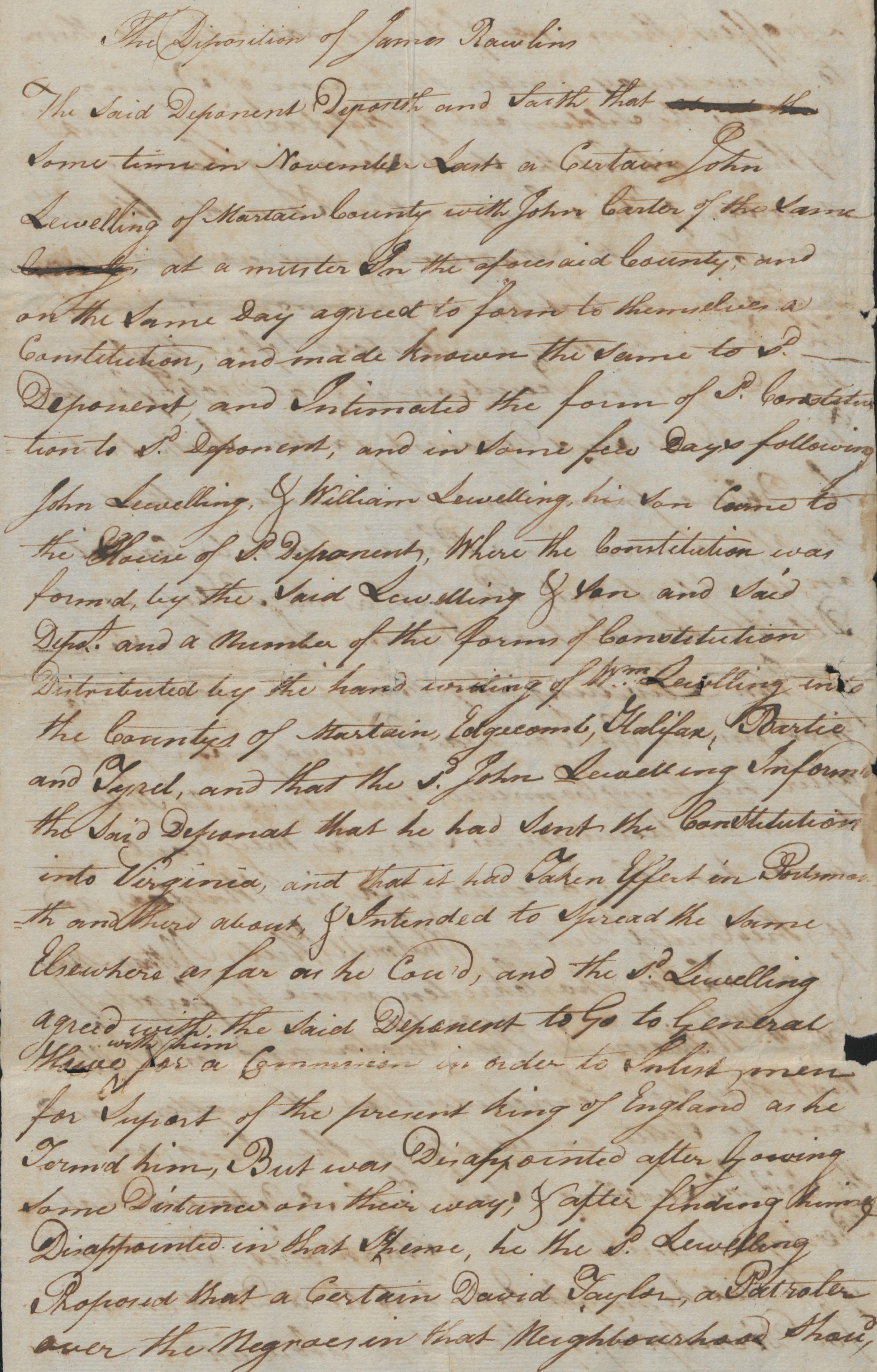 Deposition of James Rawlings, 6 August 1777, page 1
