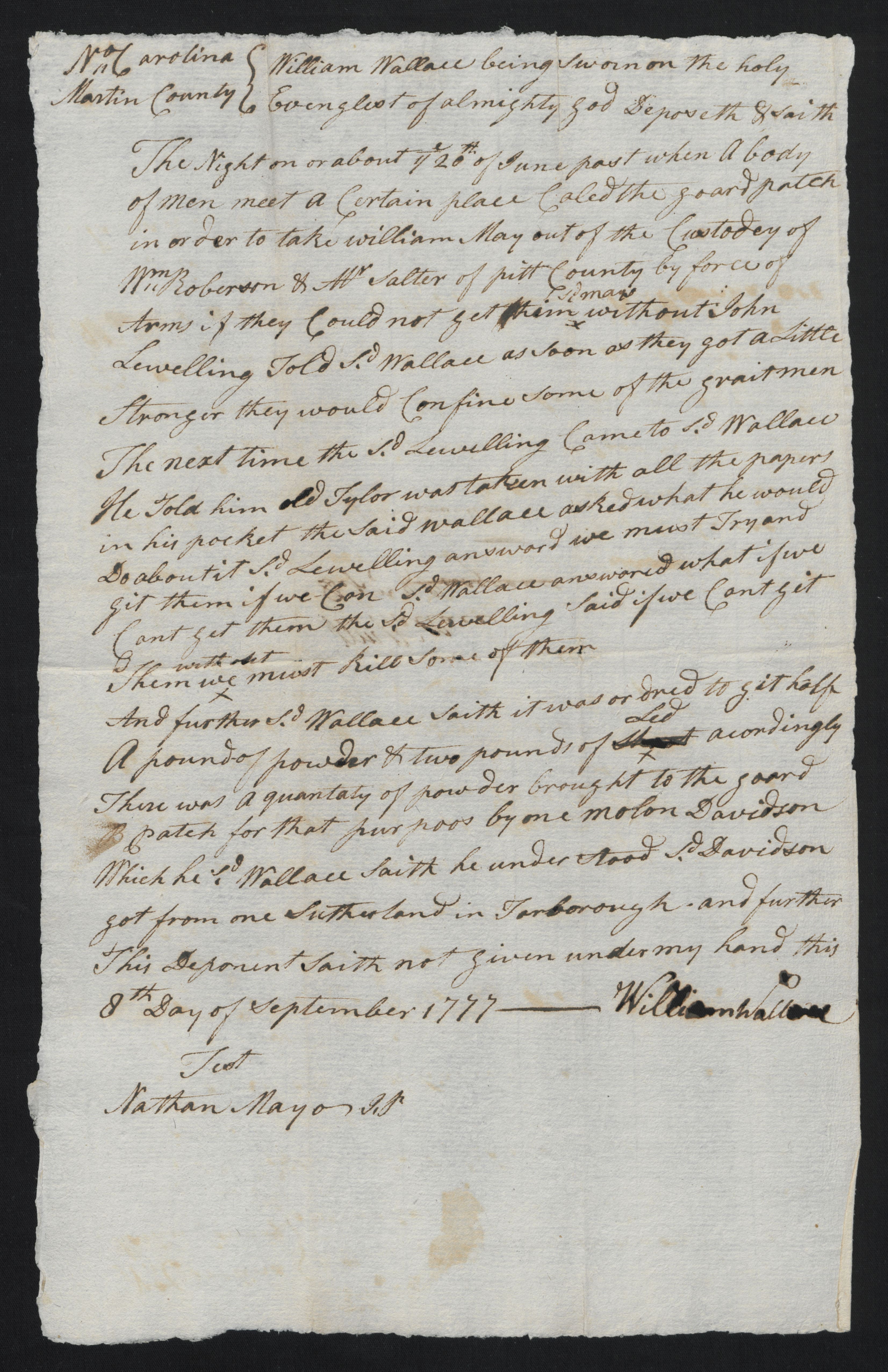 Deposition of William Wallace, 8 September 1777, page 1
