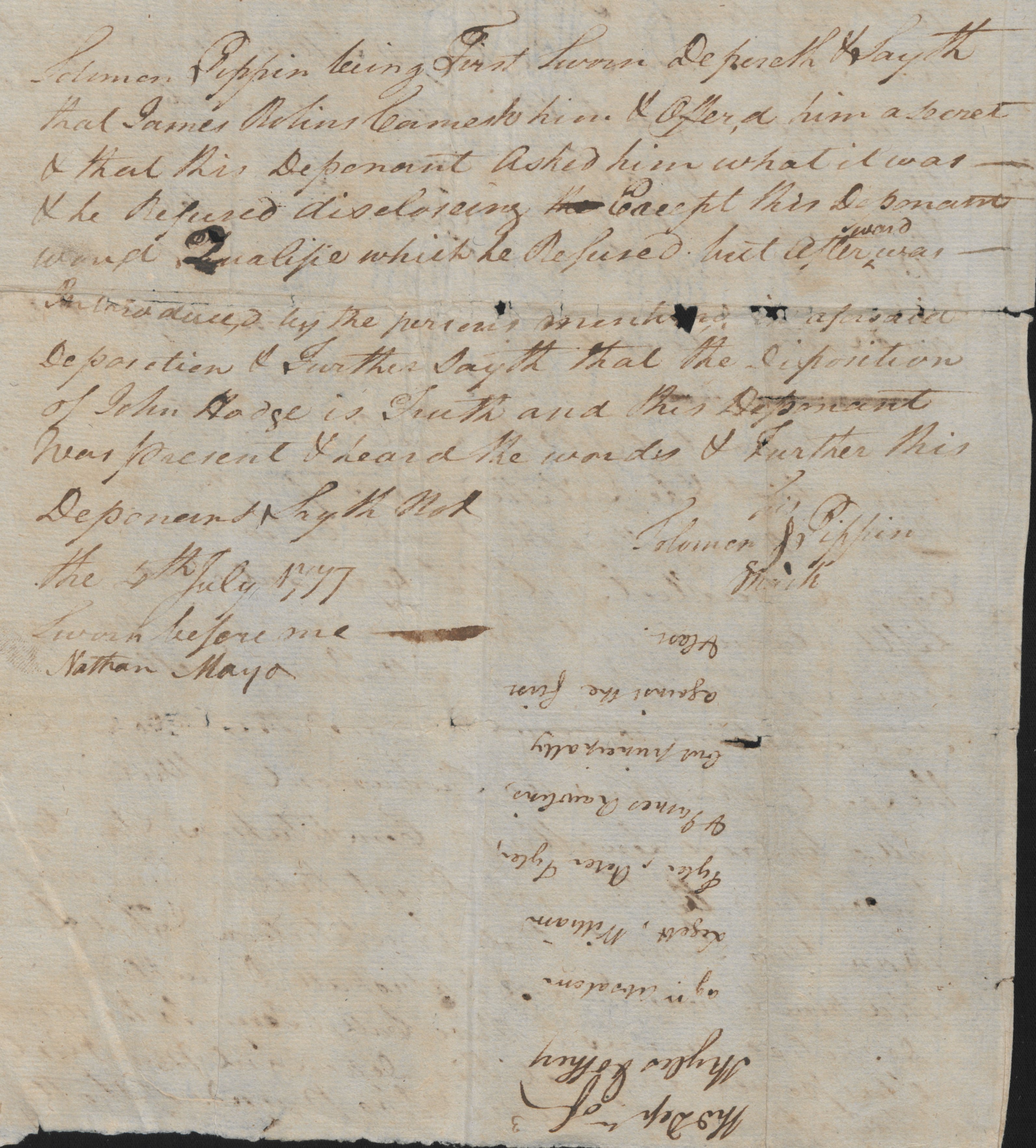Deposition of Solomon Pippin, 4 July 1777