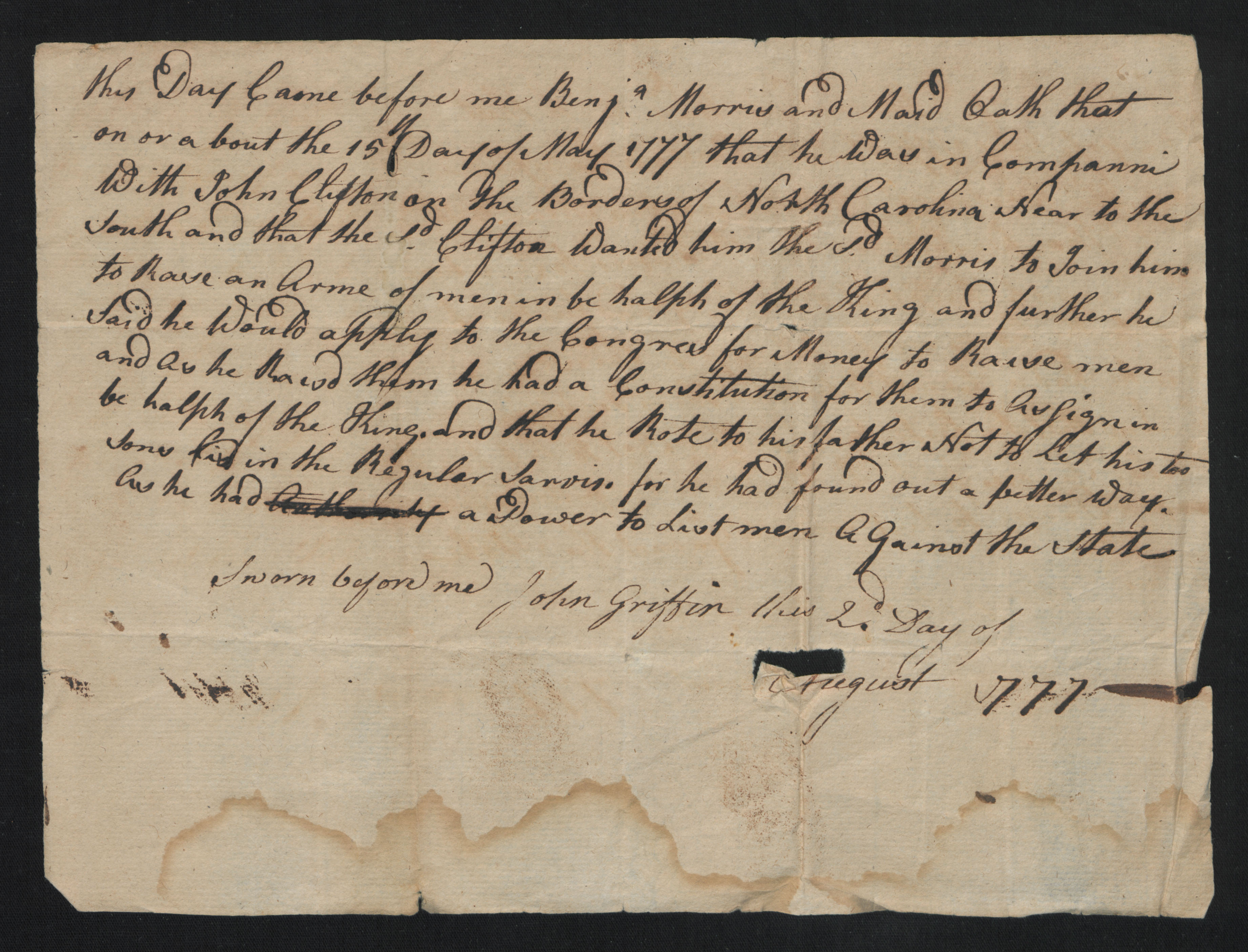 Oath from Benjamin Morris before John Griffin, August 1777