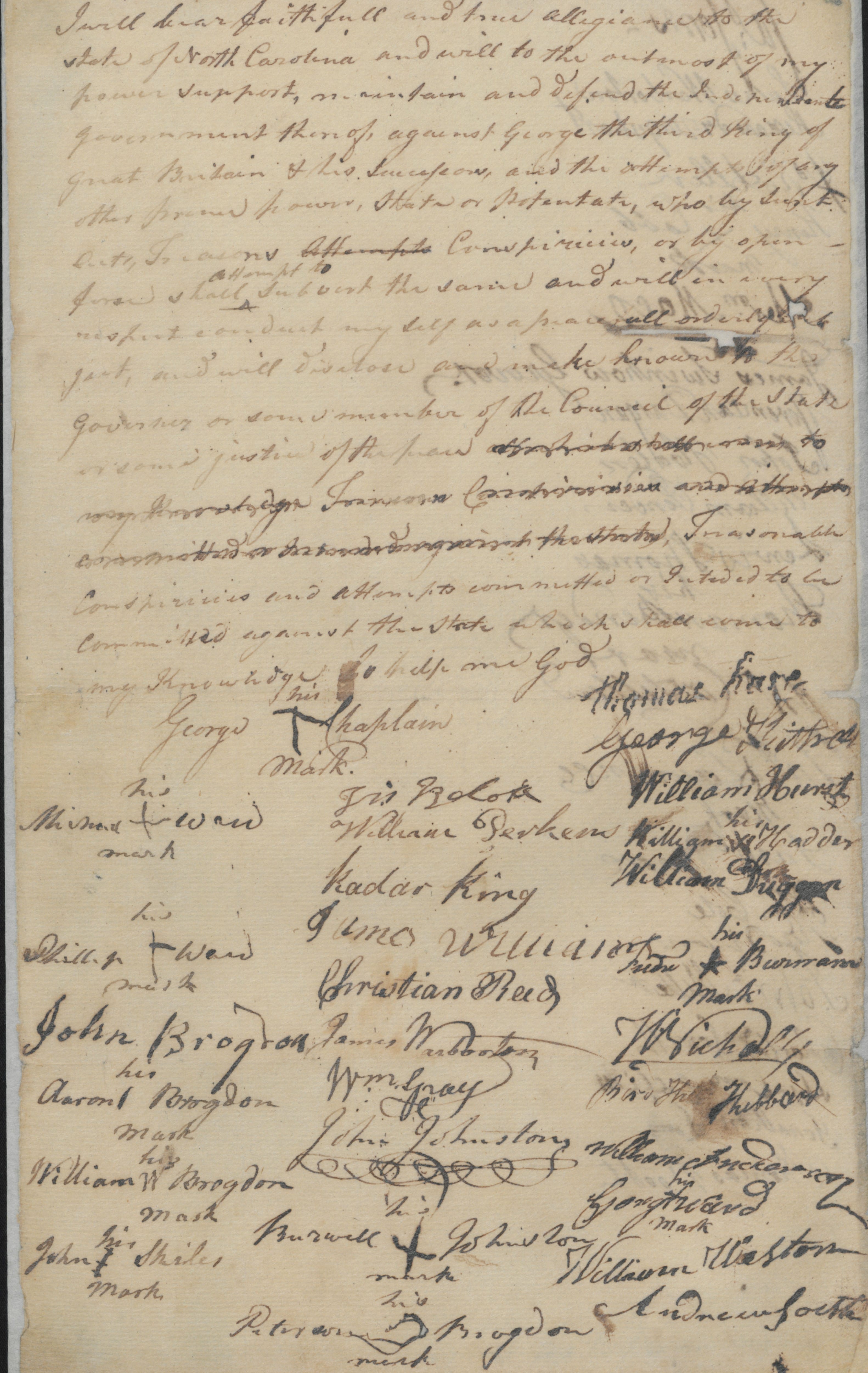 List of People Swearing the Oath of Allegiance to the State of North Carolina in Bertie County, circa 1778, page 1