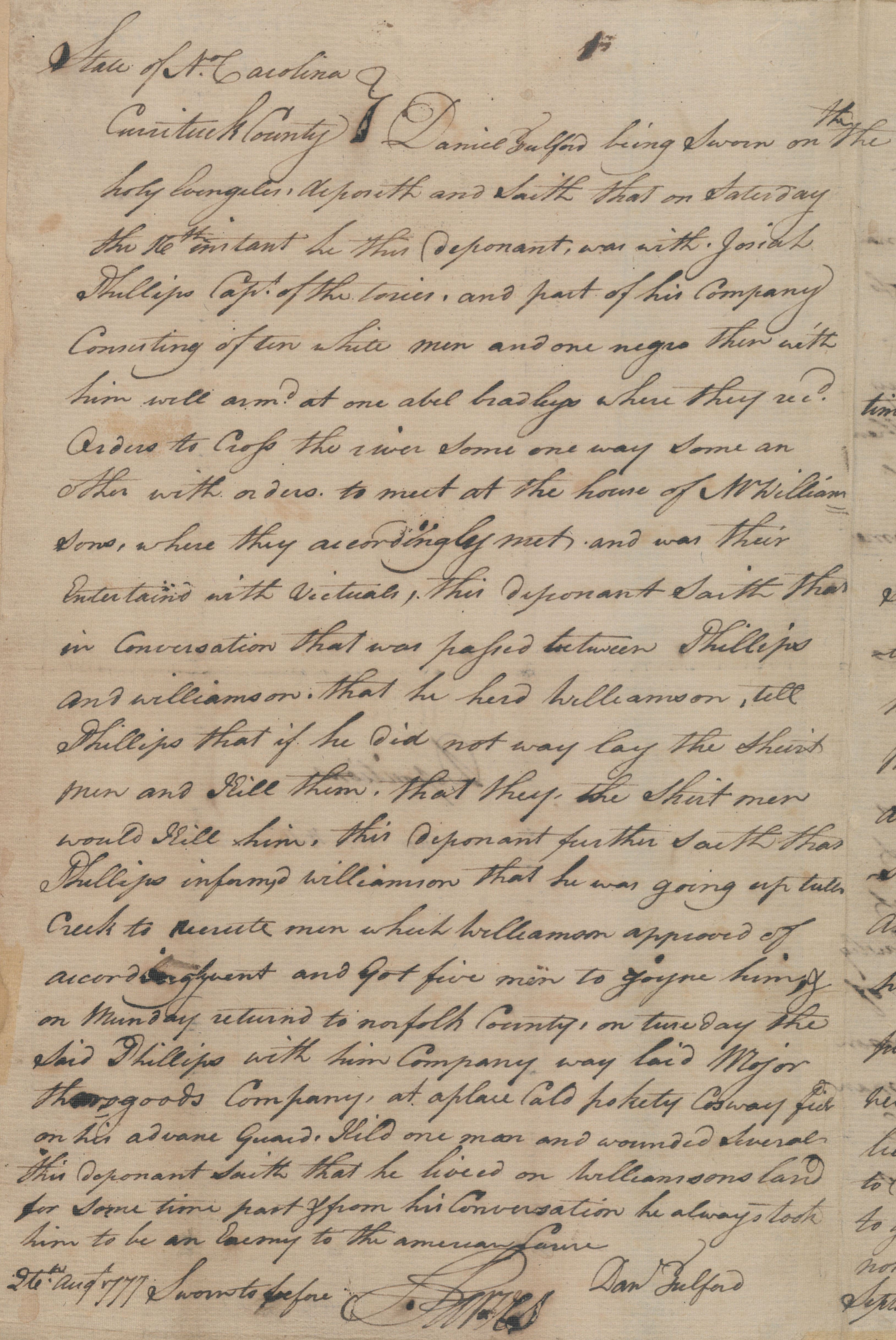 Deposition of Daniel Fulford, 26 August 1777