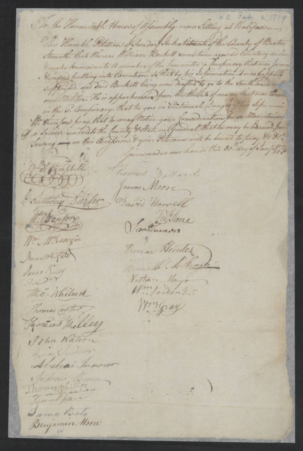 Petition from the Inhabitants of Bertie County to the North Carolina General Assembly, 2 February 1779, page 1