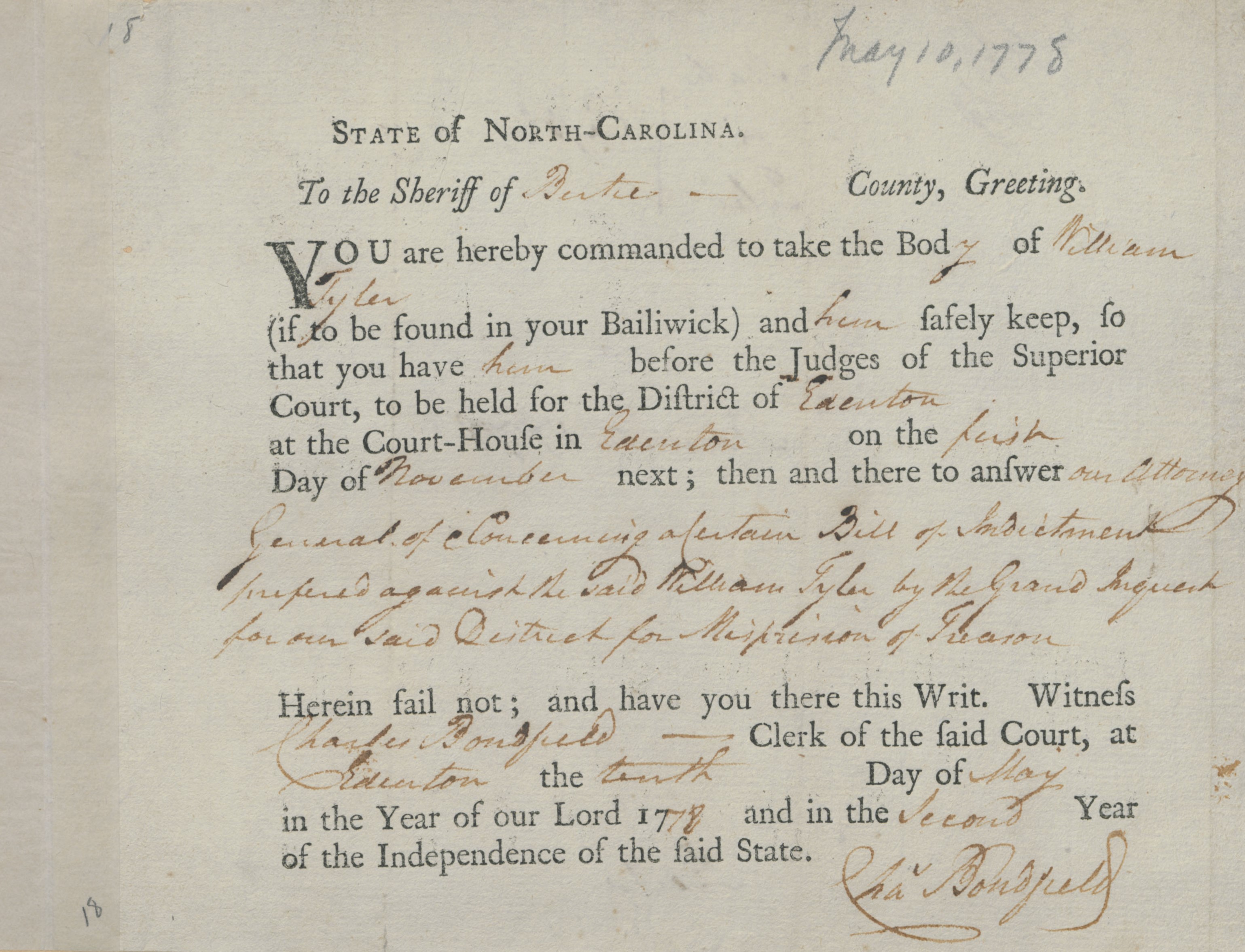 Bench Warrant from Charles Bondfield to the Bertie County Sheriff for William Tyler, 10 May 1778, page 1