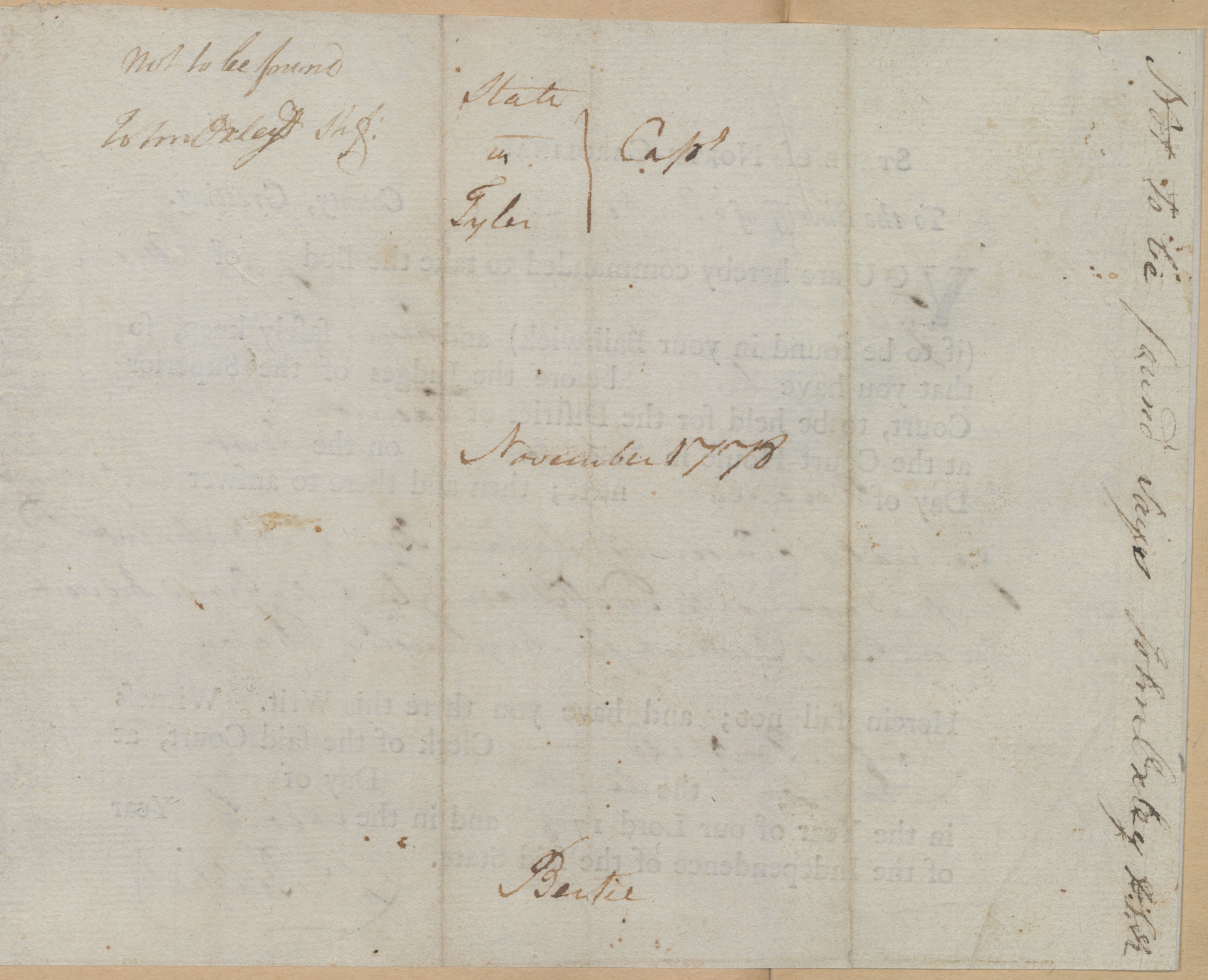 Bench Warrant from Charles Bondfield to the Bertie County Sheriff for William Tyler, 10 May 1778, page 2
