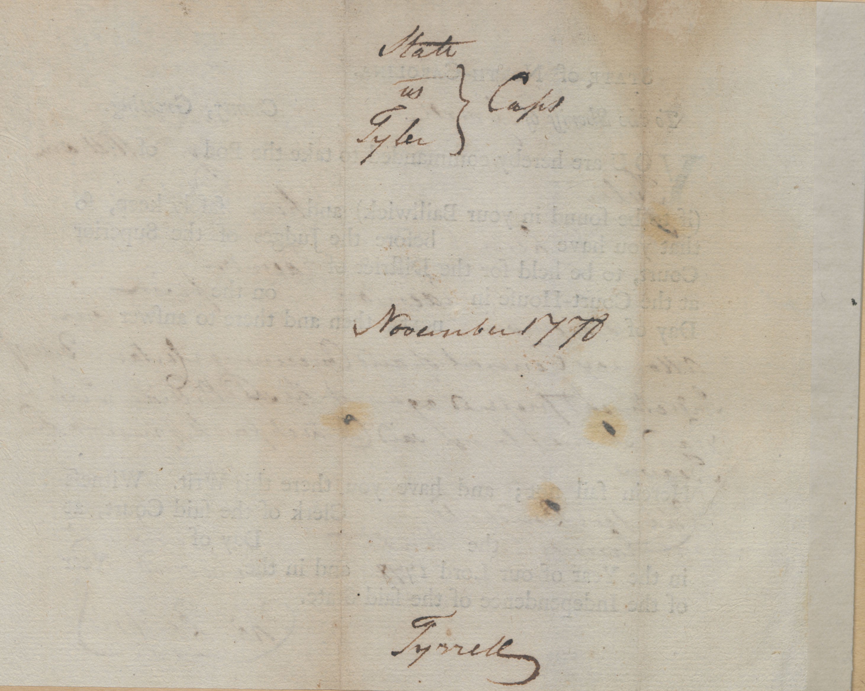 Bench Warrant from Charles Bondfield to the Tyrrell County Sheriff for William Tyler, 10 May 1778, page 2