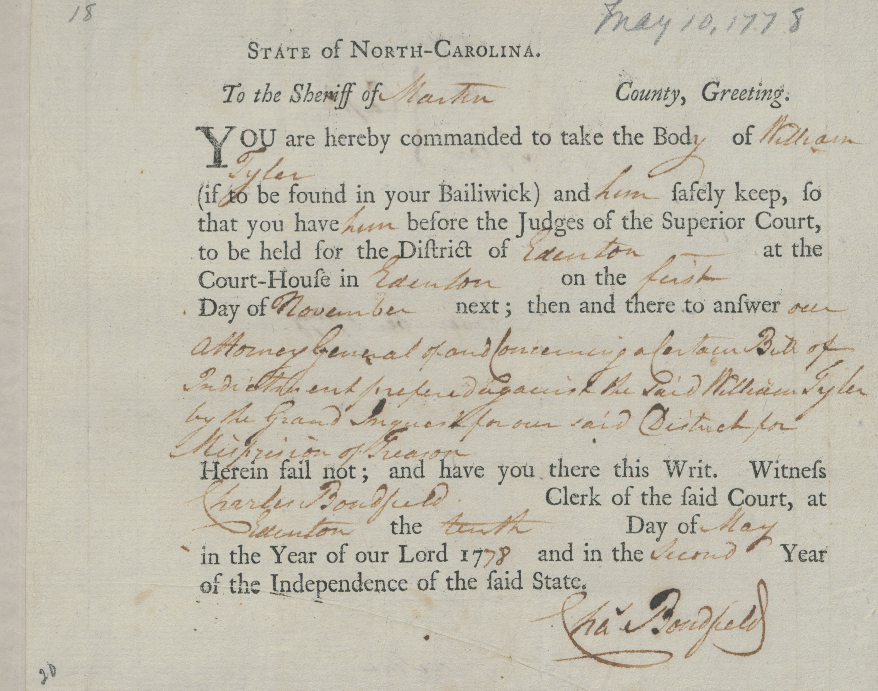 Bench Warrant from Charles Bondfield to the Martin County Sheriff for William Tyler, 10 May 1778, page 1
