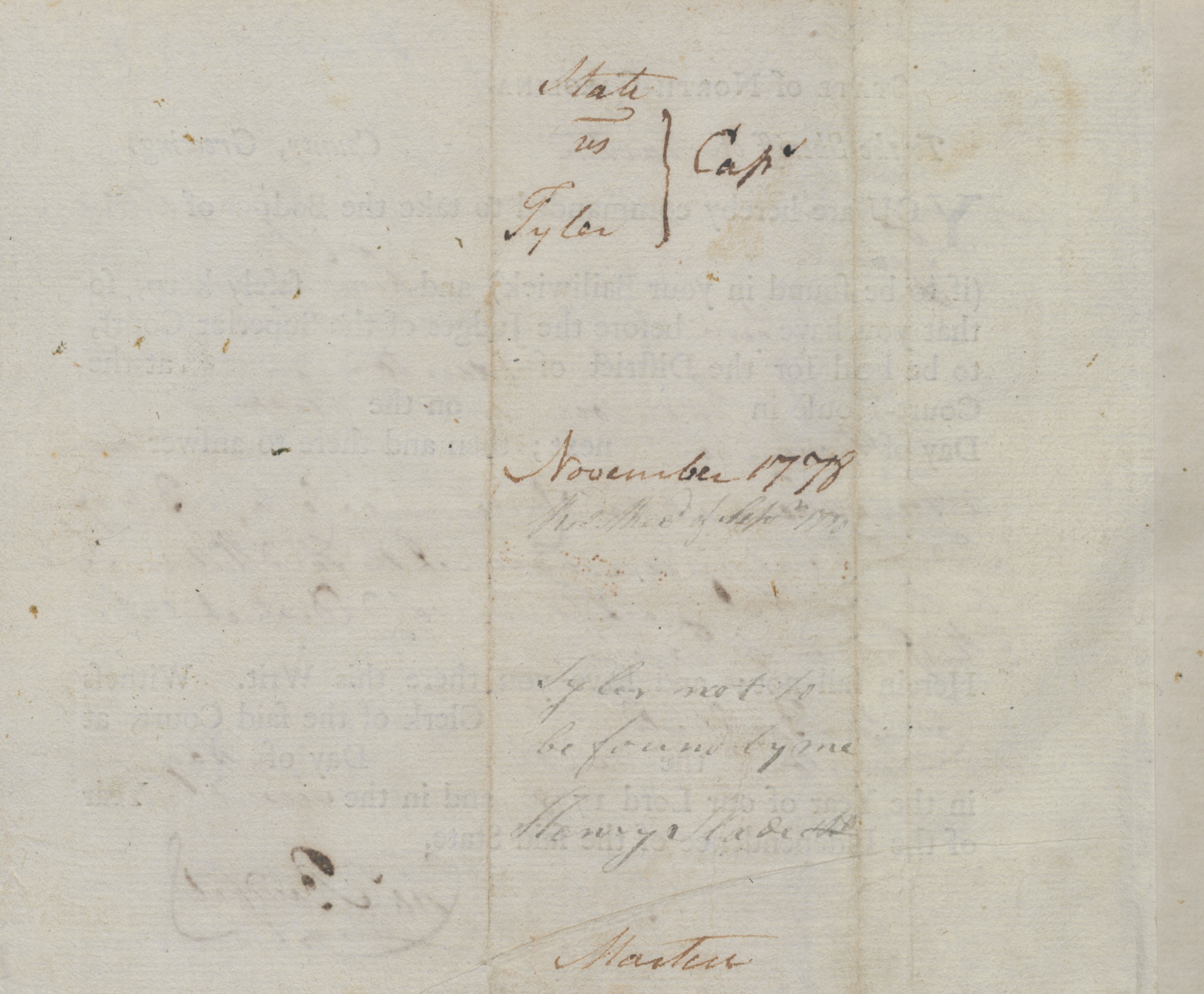Bench Warrant from Charles Bondfield to the Martin County Sheriff for William Tyler, 10 May 1778, page 2