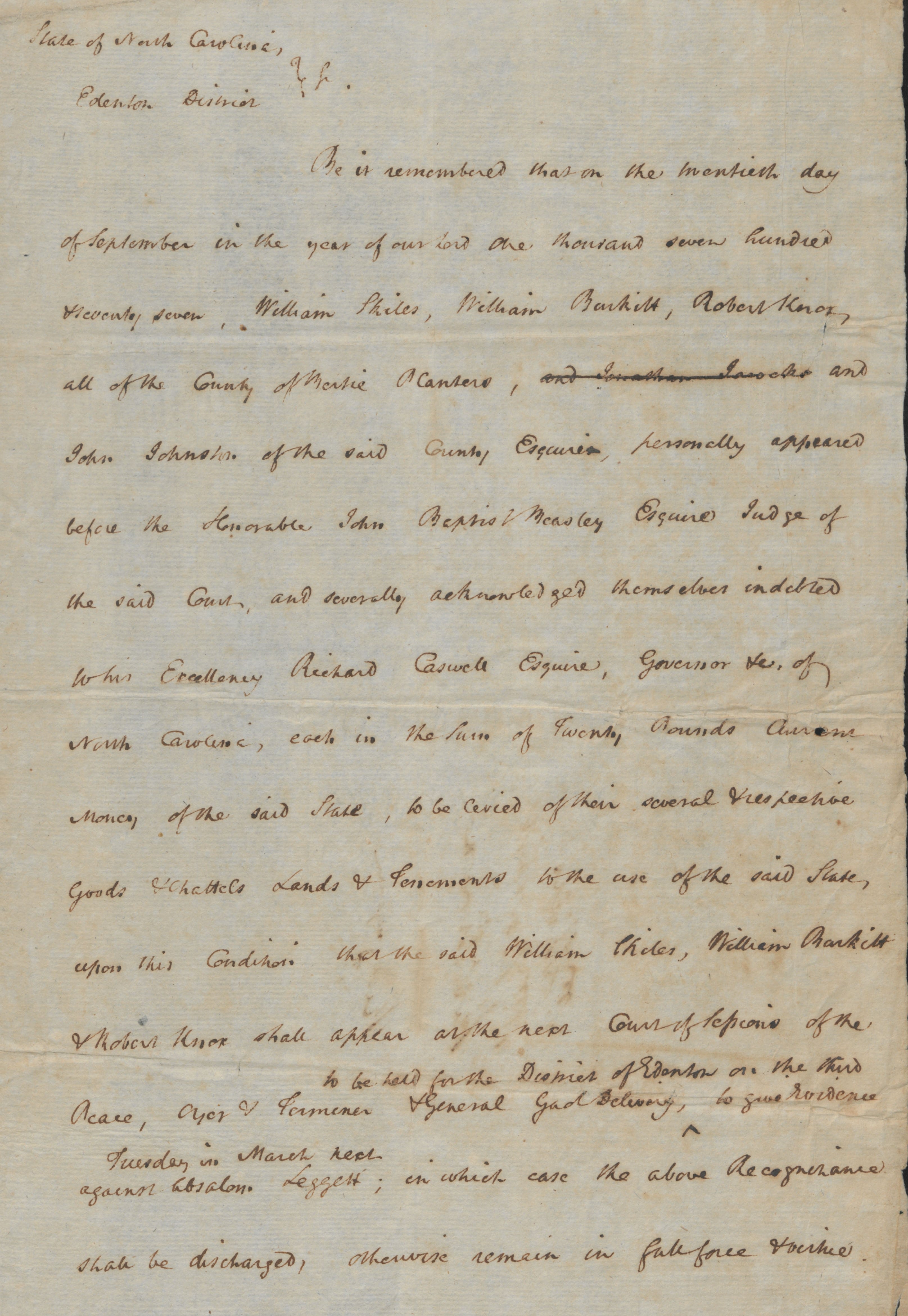 Bond by John Baptist Beasley for William Skyles, William Burket, and Robert Knox, 20 September 1777, page 1