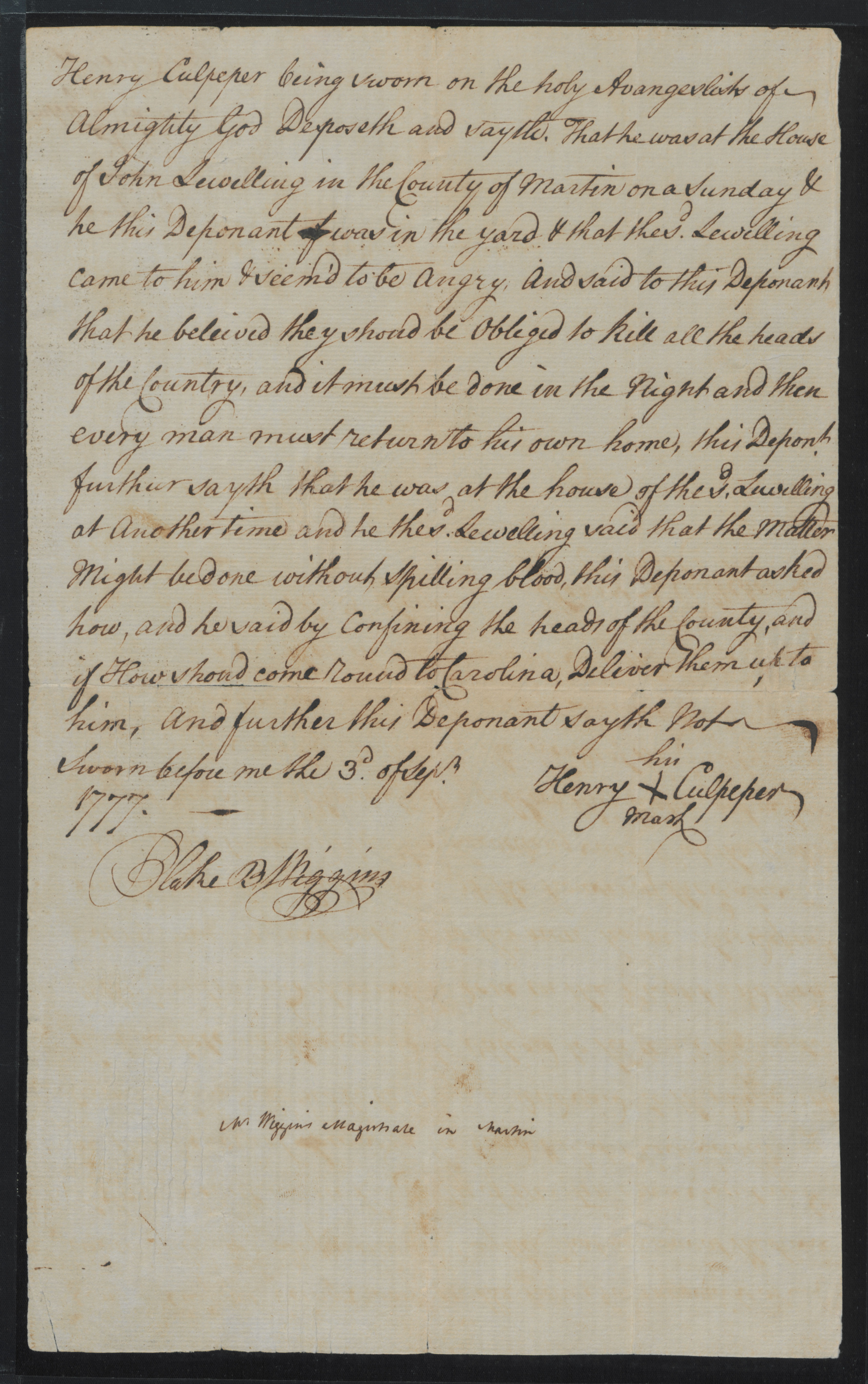 Deposition of Henry Culpeper, 3 September 1777, page 1