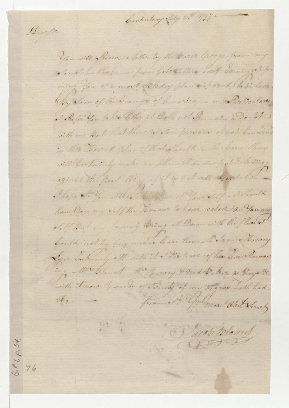 Letter from Jacob Blount to Richard Caswell, 6 July 1777, page 1