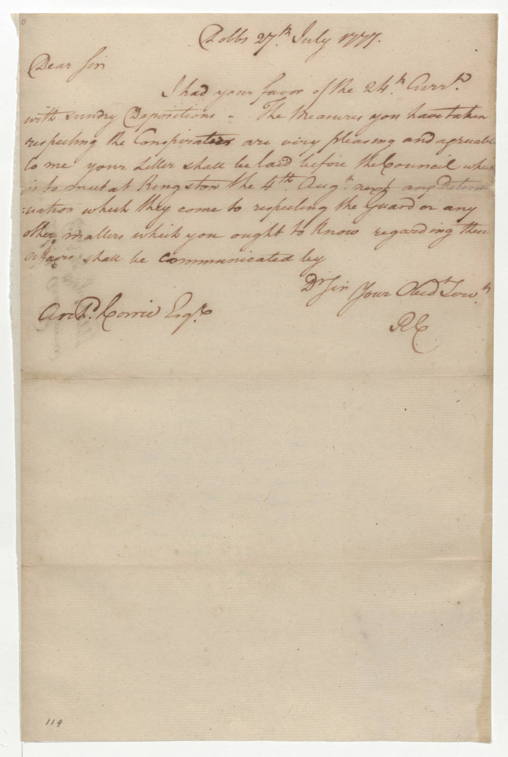 Letter from Richard Caswell to Archibald Corrie, 27 July 1777, page 1