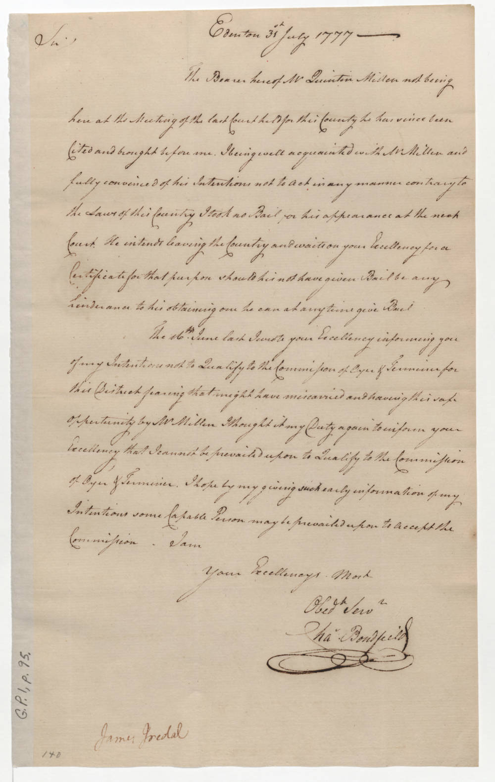 Letter from Charles Bondfield to Richard Caswell, 31 July 1777, page 1