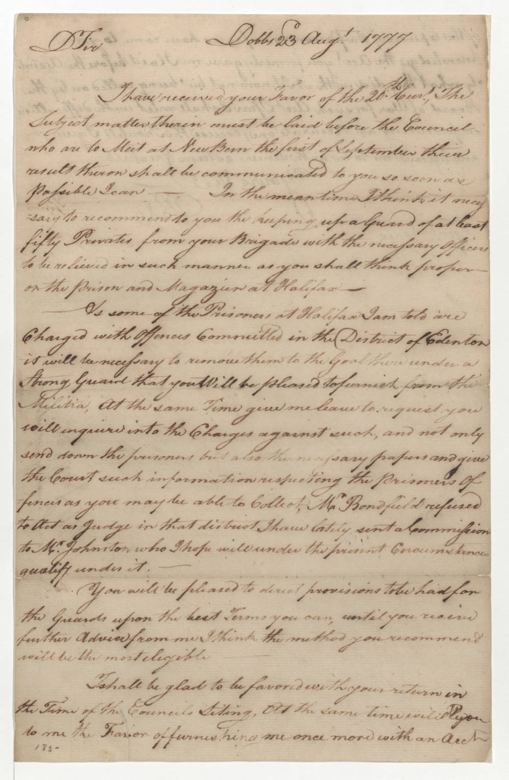 Letter from Richard Caswell to Allen Jones, 23 August 1777, page 1