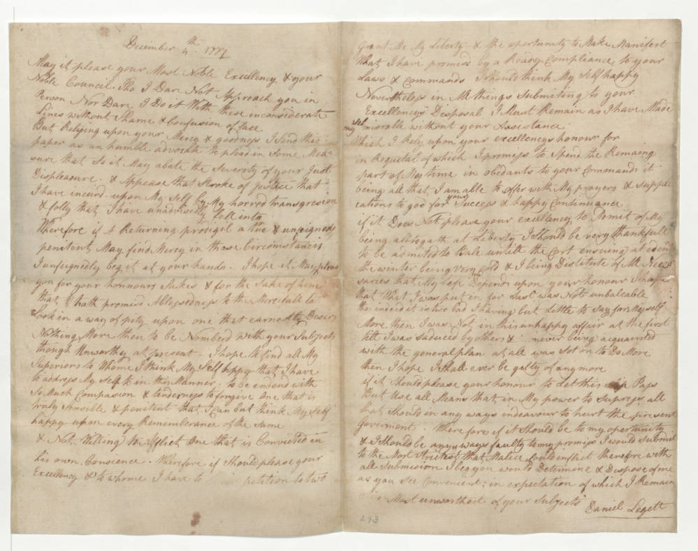 Petition from Daniel Leggett to Richard Caswell, 4 December 1777, page 1