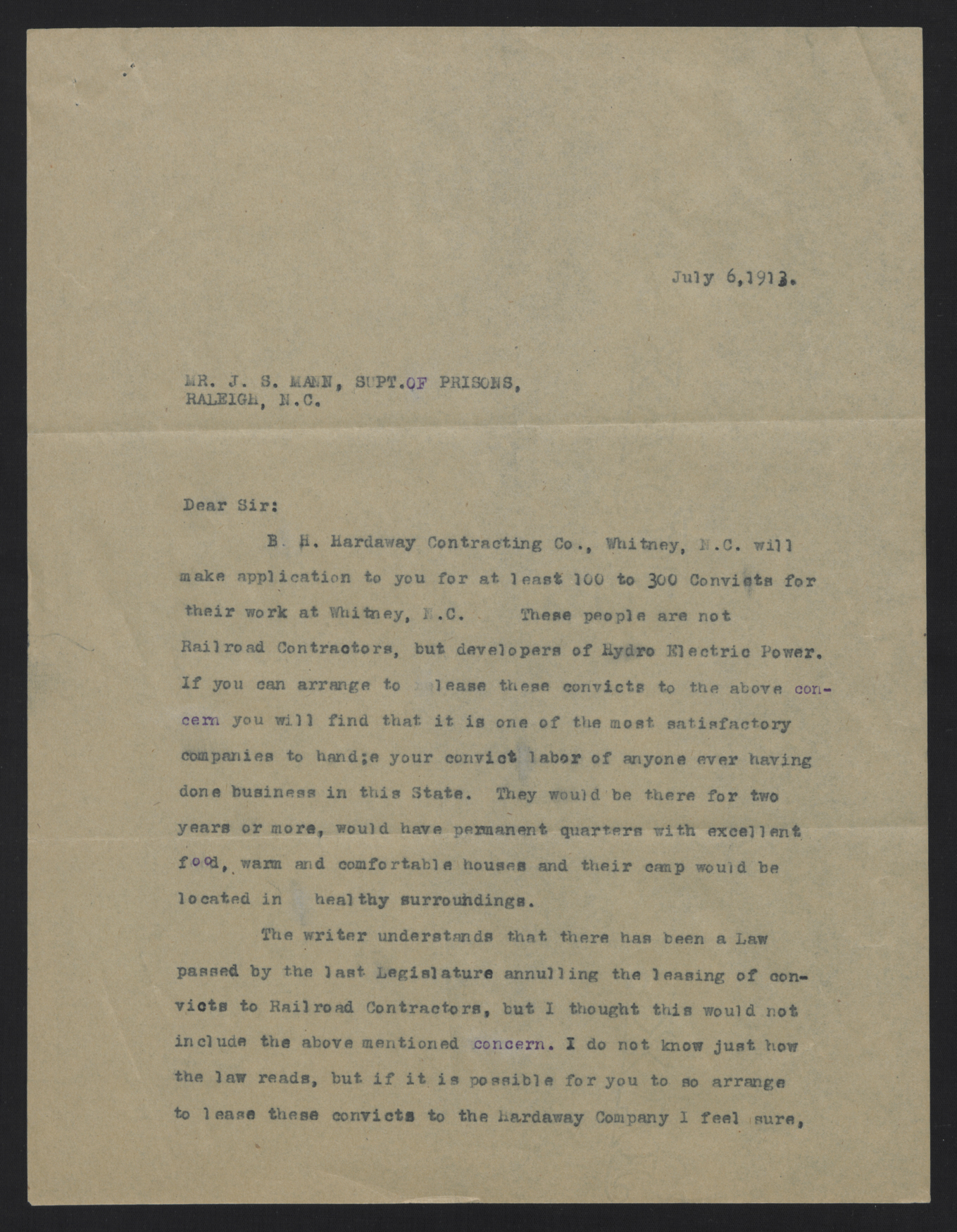 Letter from Nuchols to Mann, July 6, 1913, page 1
