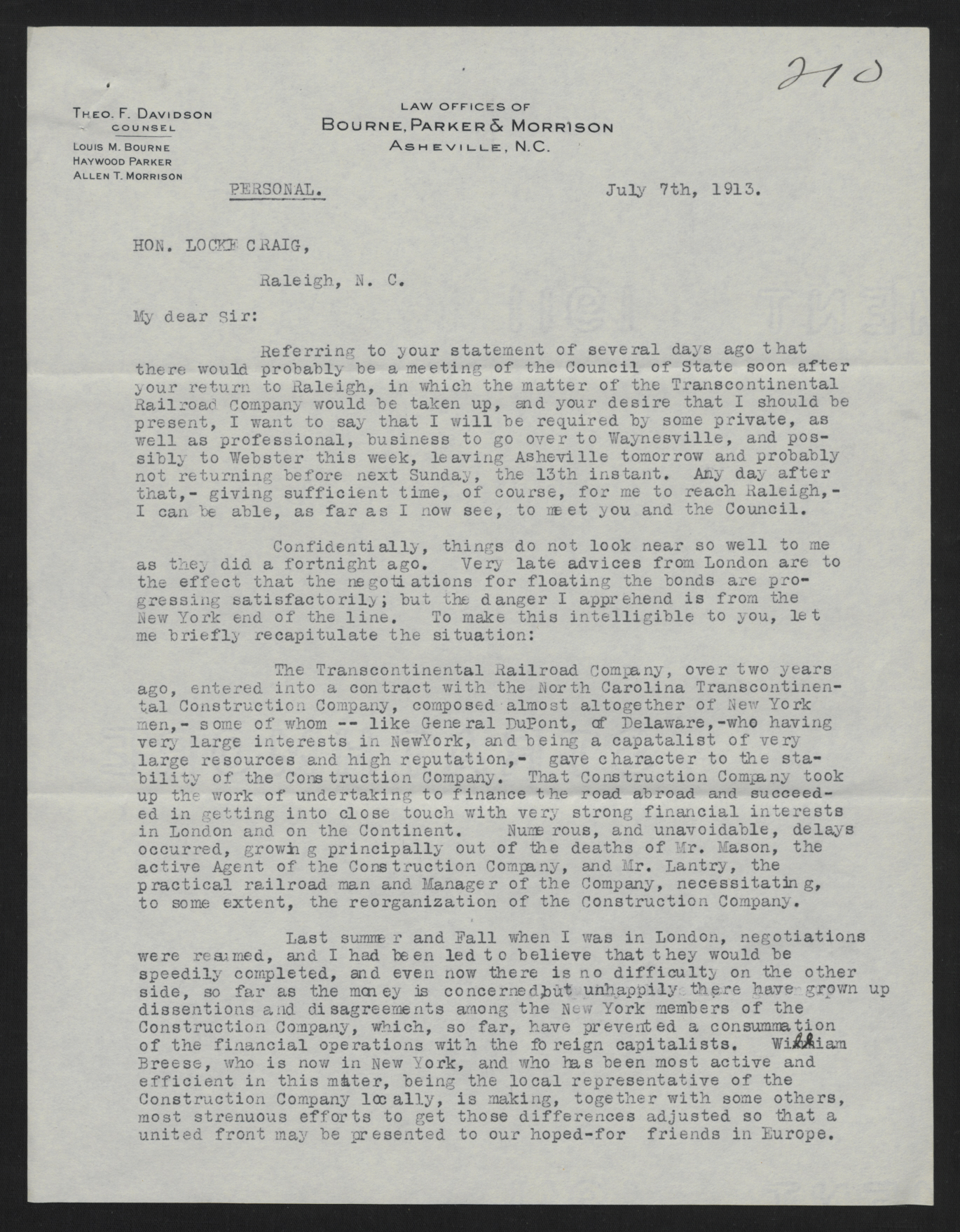 Letter from Davidson to Craig, July 7, 1913, page 1
