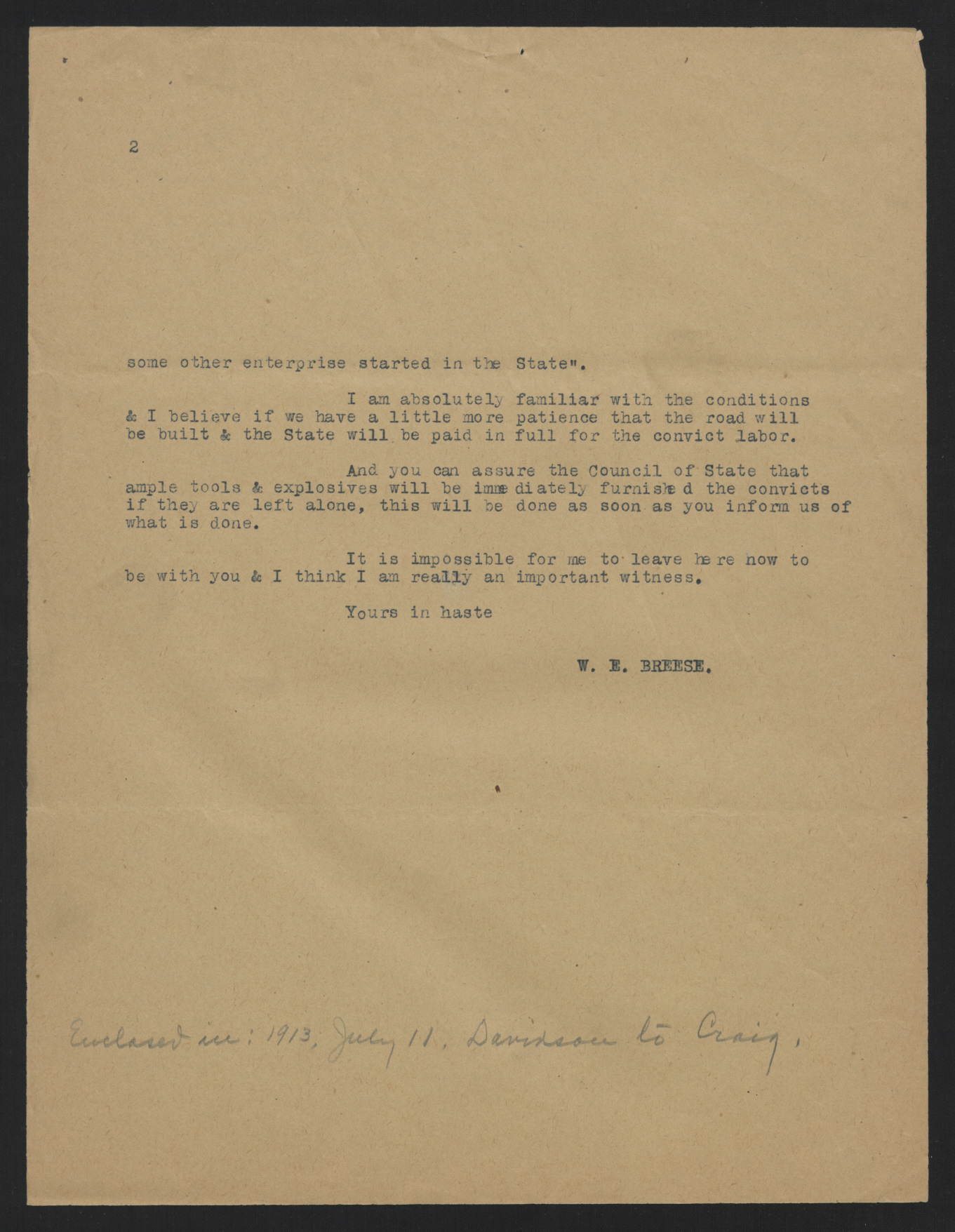 Letter from Breese to Davidson, July 8, 1913, page 2