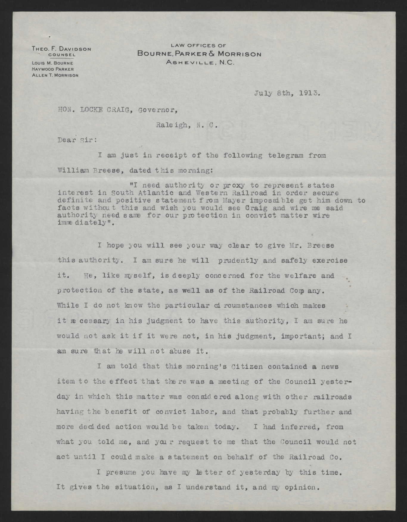 Letter from Davidson to Craig, July 8, 1913, page 1