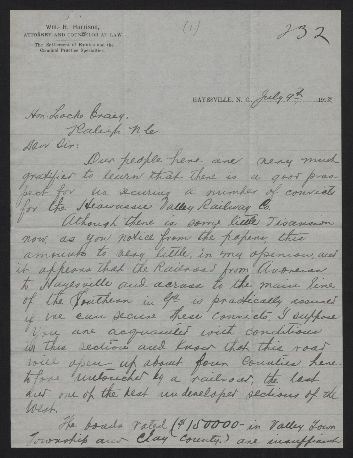 Letter from Harrison to Craig, July 9, 1913, page 1