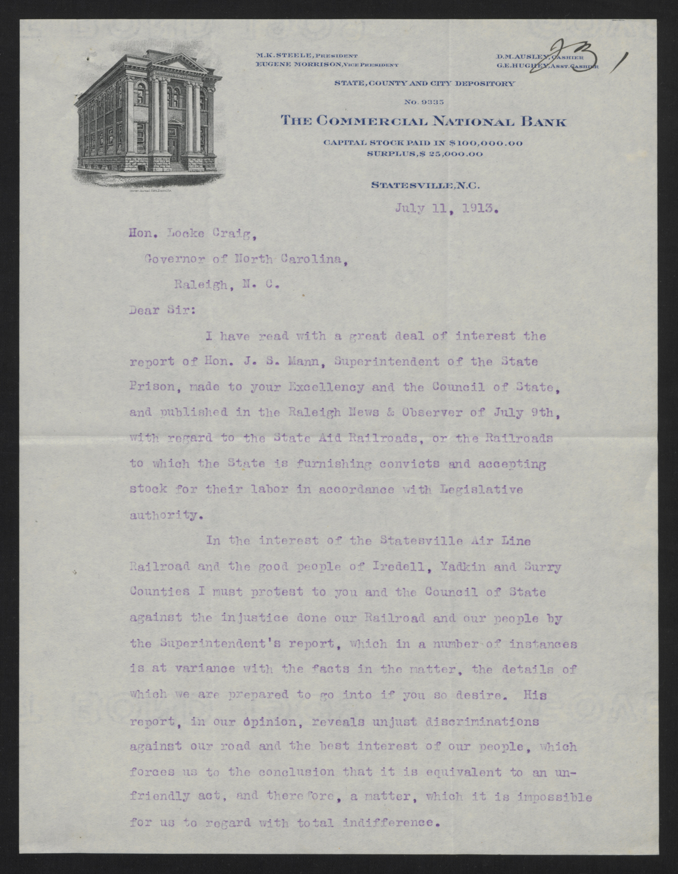 Letter from Ausley to Craig, July 11, 1913, page 1