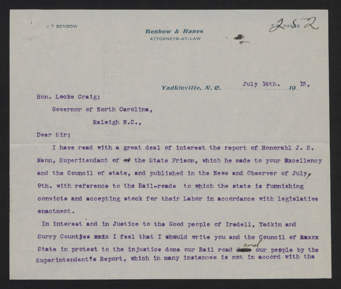 Letter from Hanes to Craig, July 14, 1913, page 1