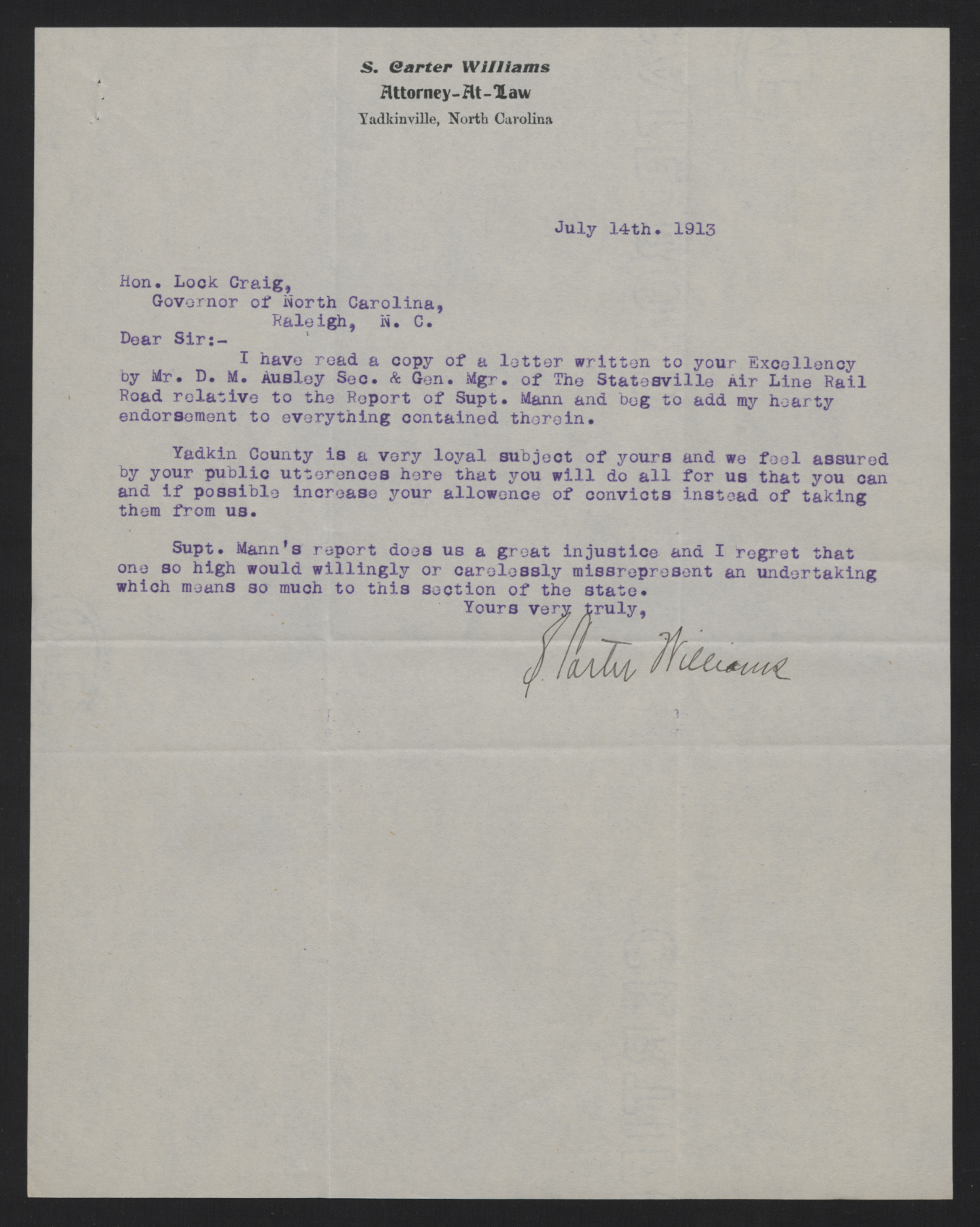 Letter from Williams to Craig, July 14, 1913